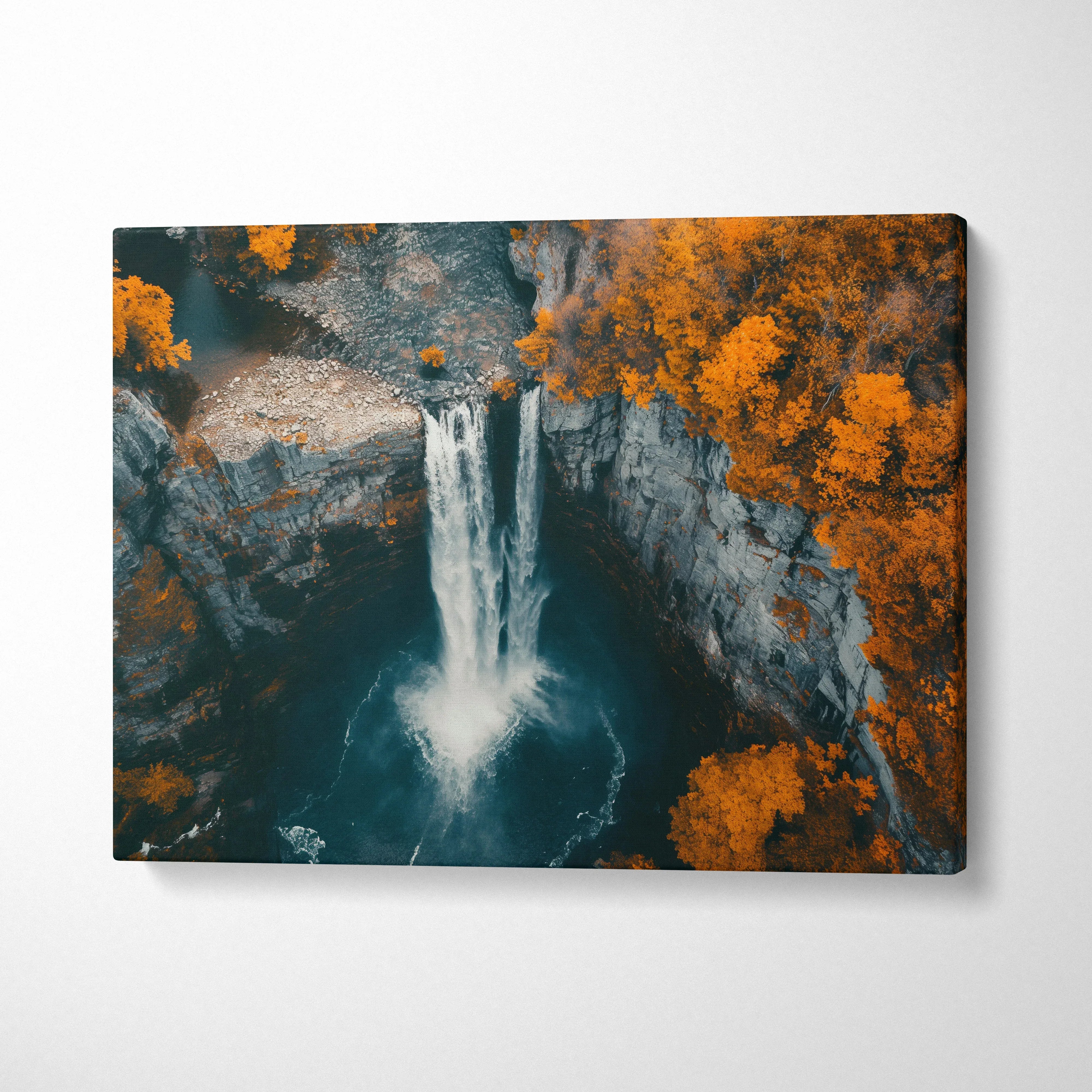 Waterfall canvas wall art with autumn orange foliage forest landscape decor in horizontal layout.