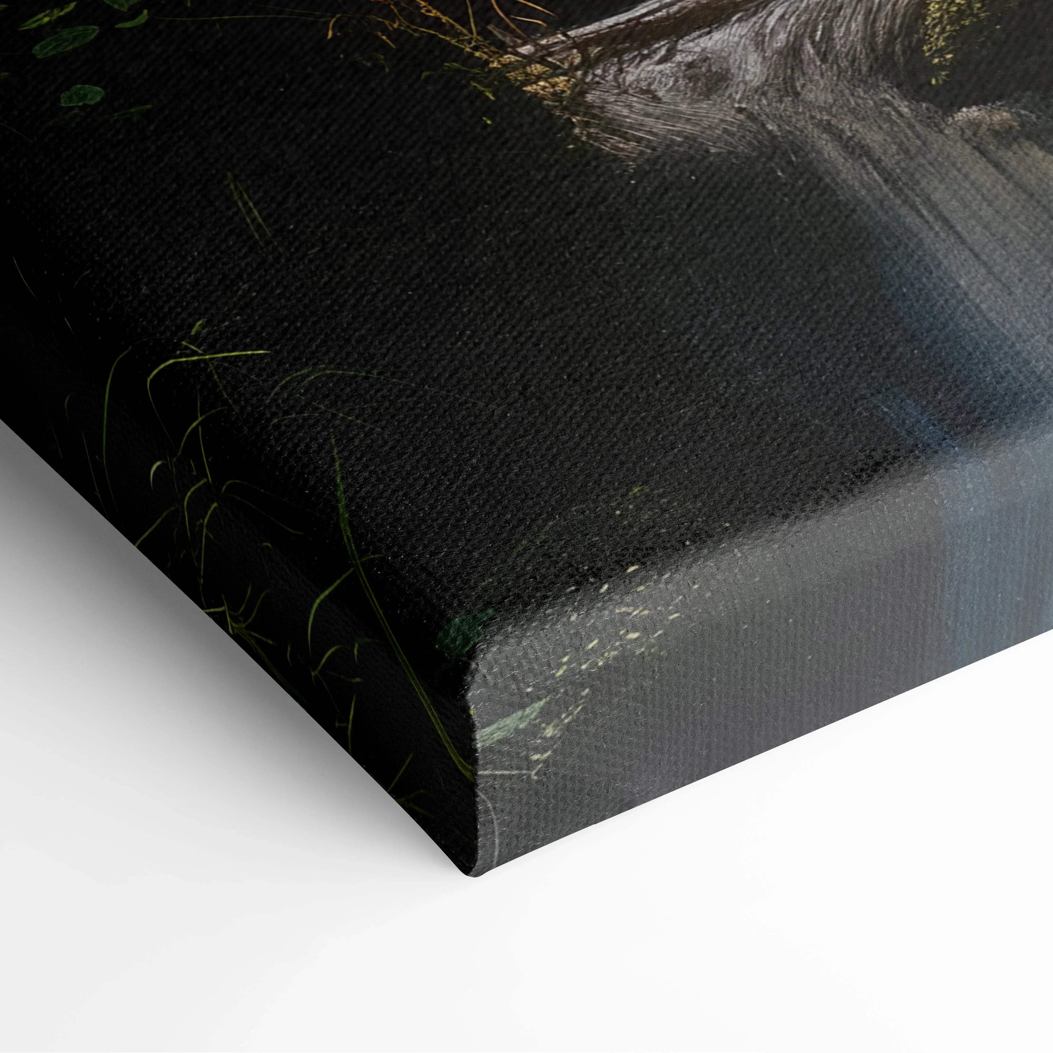 Black canvas print with textured surface and subtle green grass details waterfall forest nature wall art