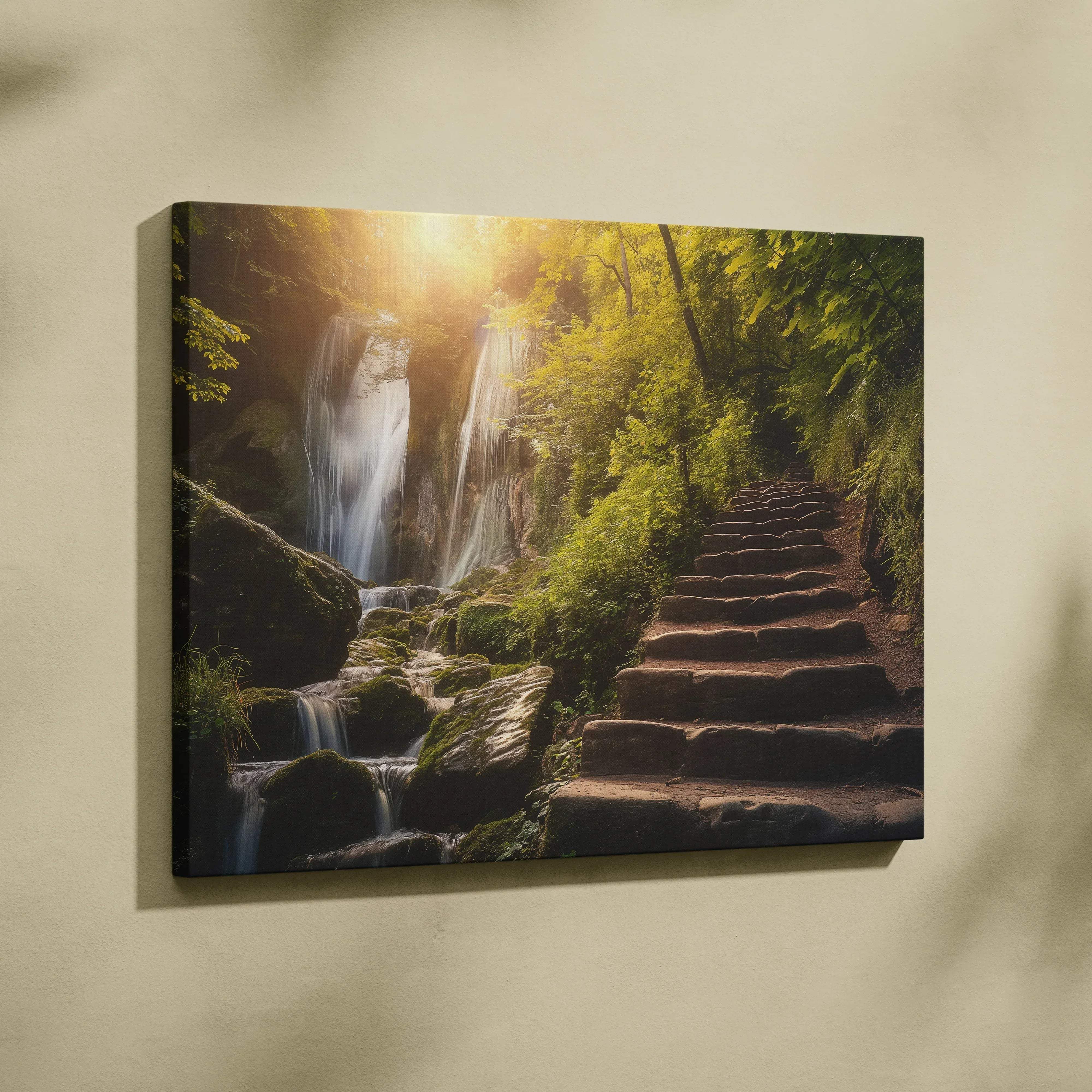 Rectangular canvas print of a sunlit green forest with stone stairway and cascading waterfalls nature photography wall art