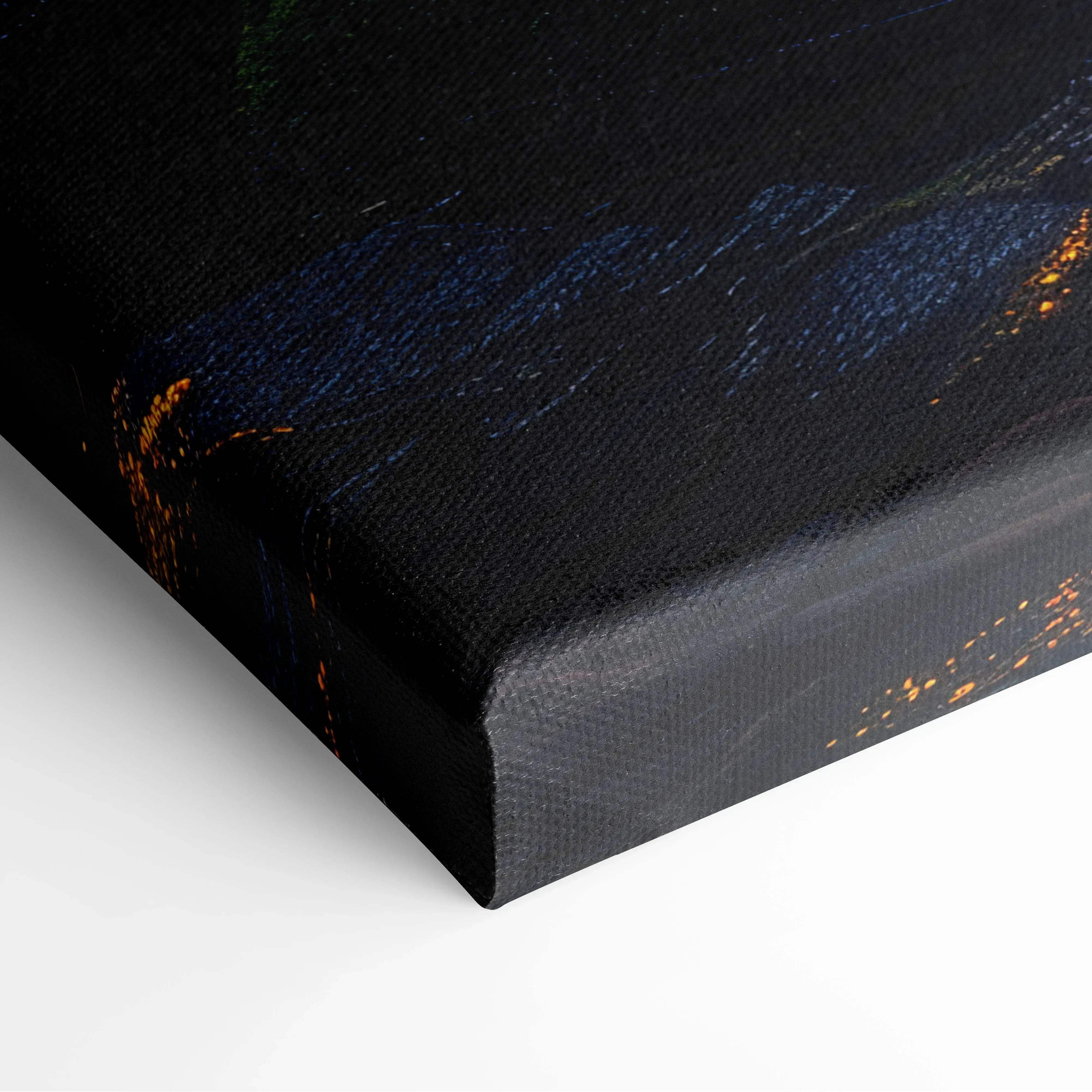 Black canvas wall art featuring textured brushstrokes of deep blue and glowing orange accents in a golden sunset forest scene