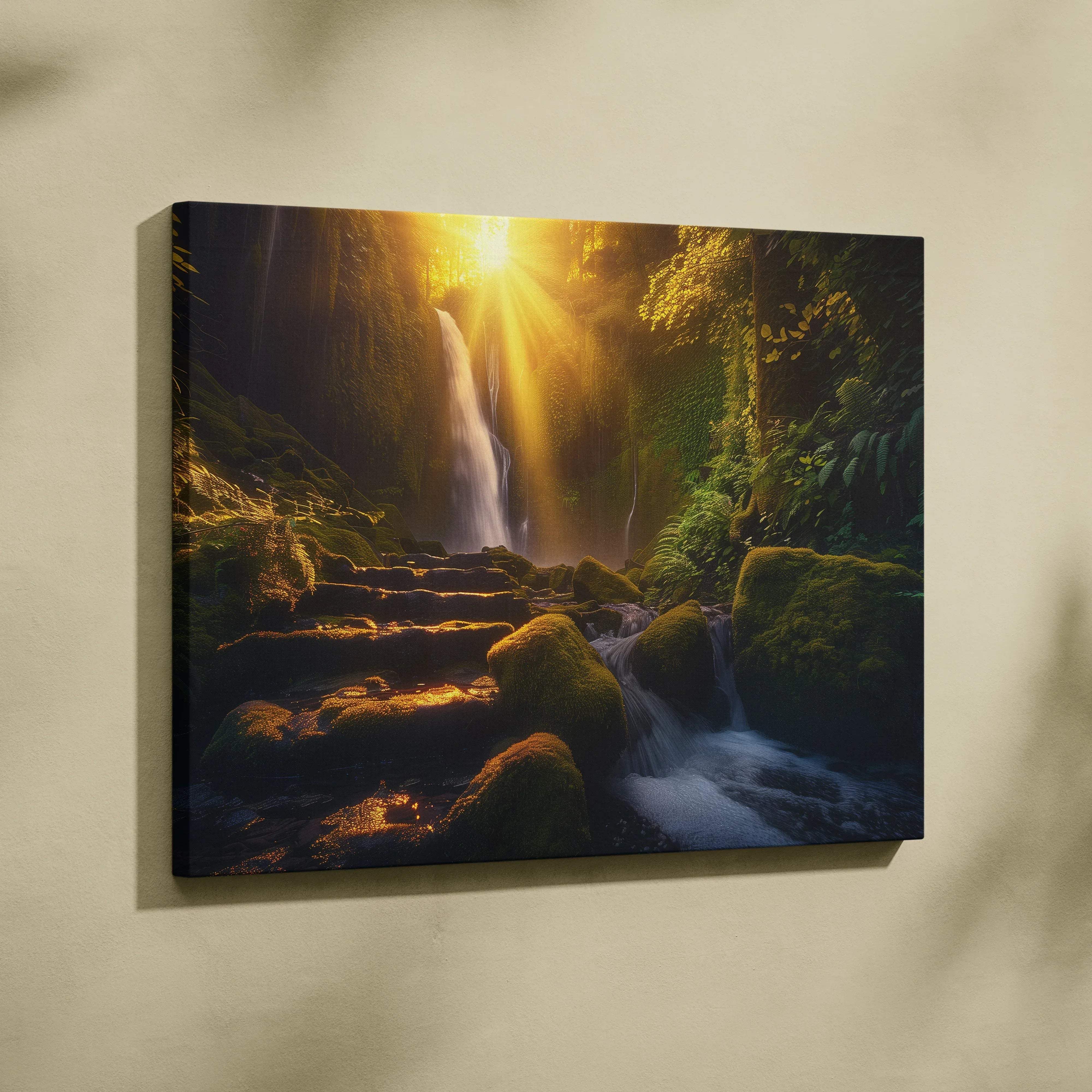 Rectangular canvas print of a golden sunset forest waterfall with mossy stone walkway and serene glow through trees