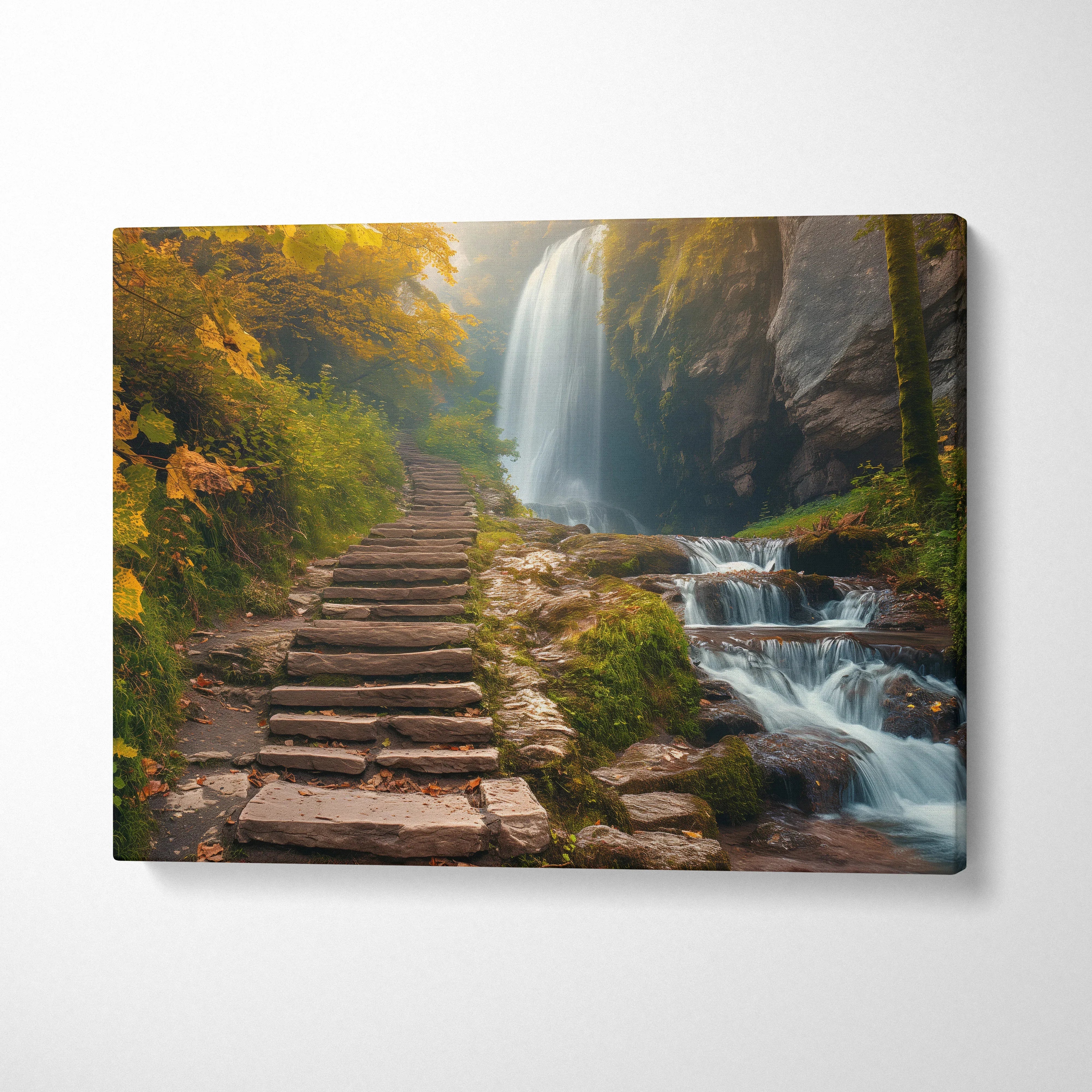 Canvas wall art of a forest waterfall with stone stair path surrounded by autumn foliage decor.