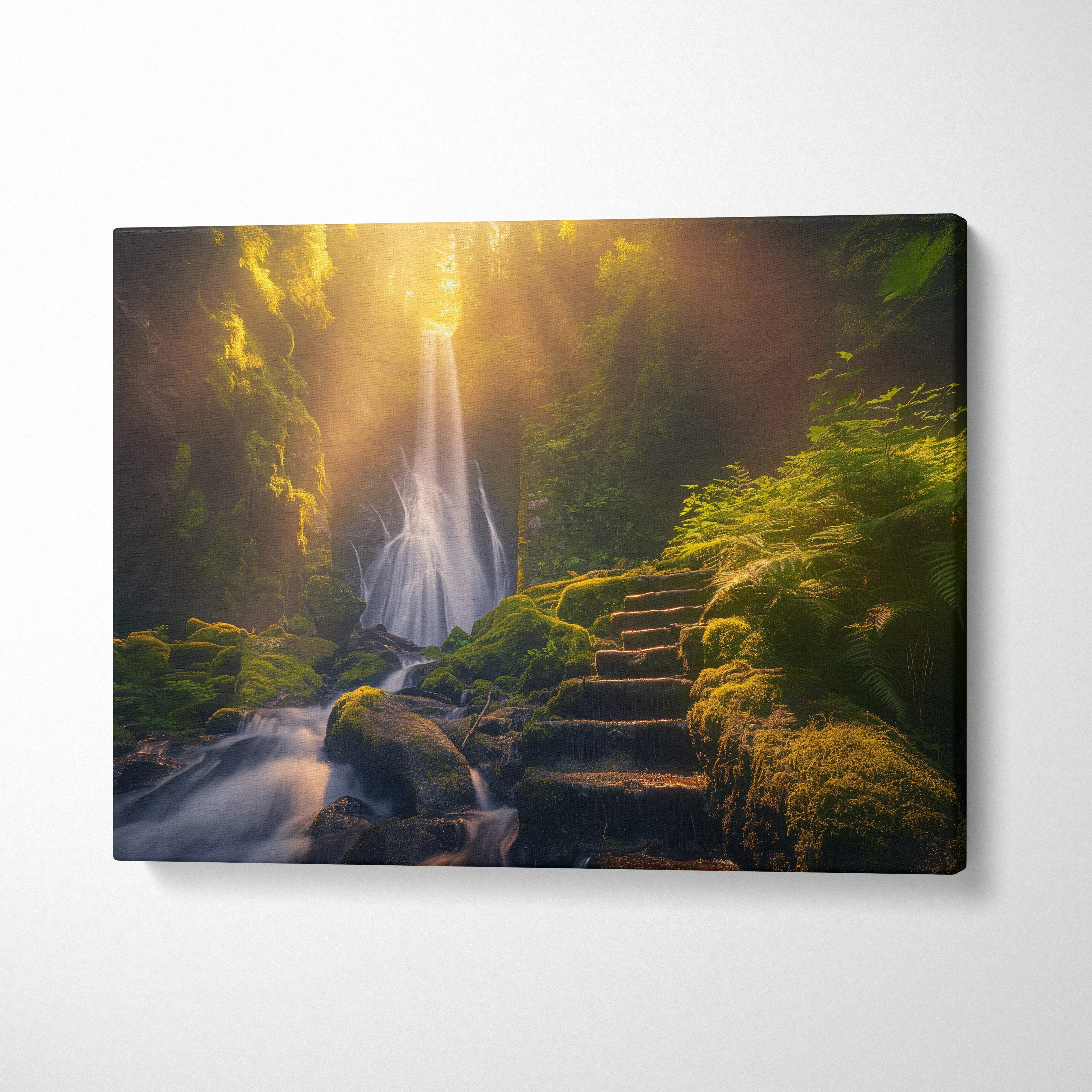 Canvas wall art featuring a glowing waterfall in a mossy forest at sunset with stone steps and warm light decor.