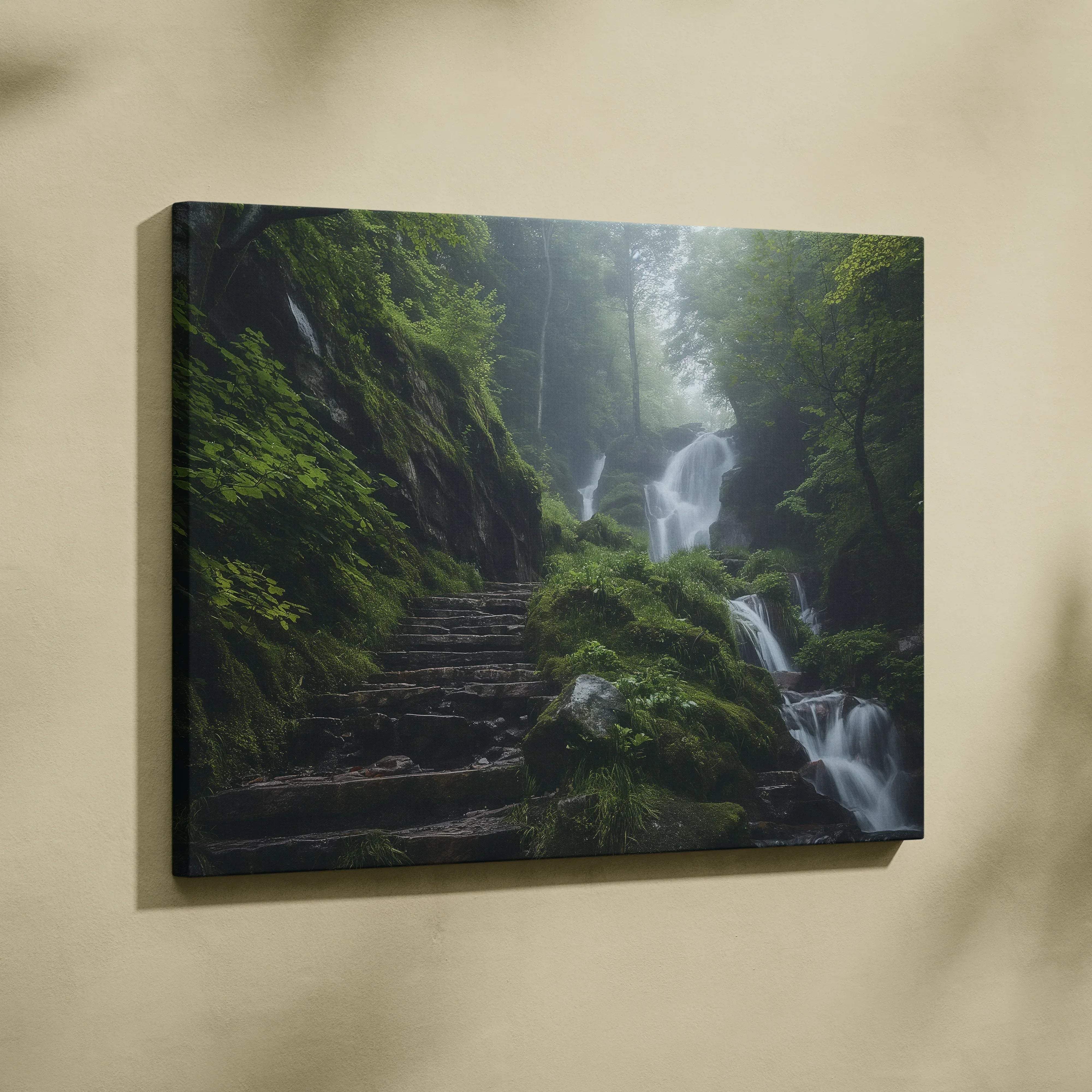 Nature scene waterfall in lush forest canvas wall art featuring moss-covered stone steps and calming green decor framed in black