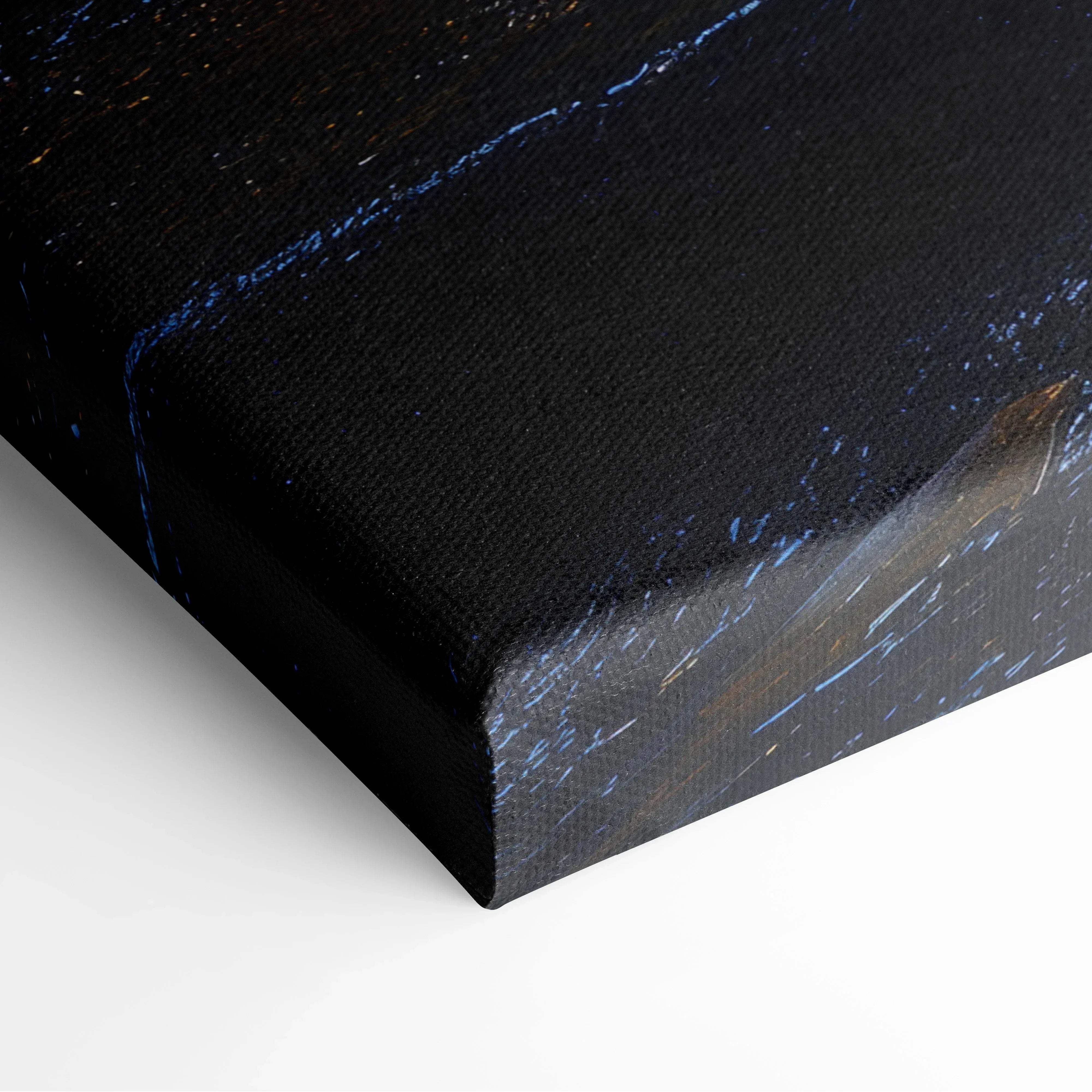 Black canvas print with textured surface and subtle blue streaks for serene forest waterfall wall art decor