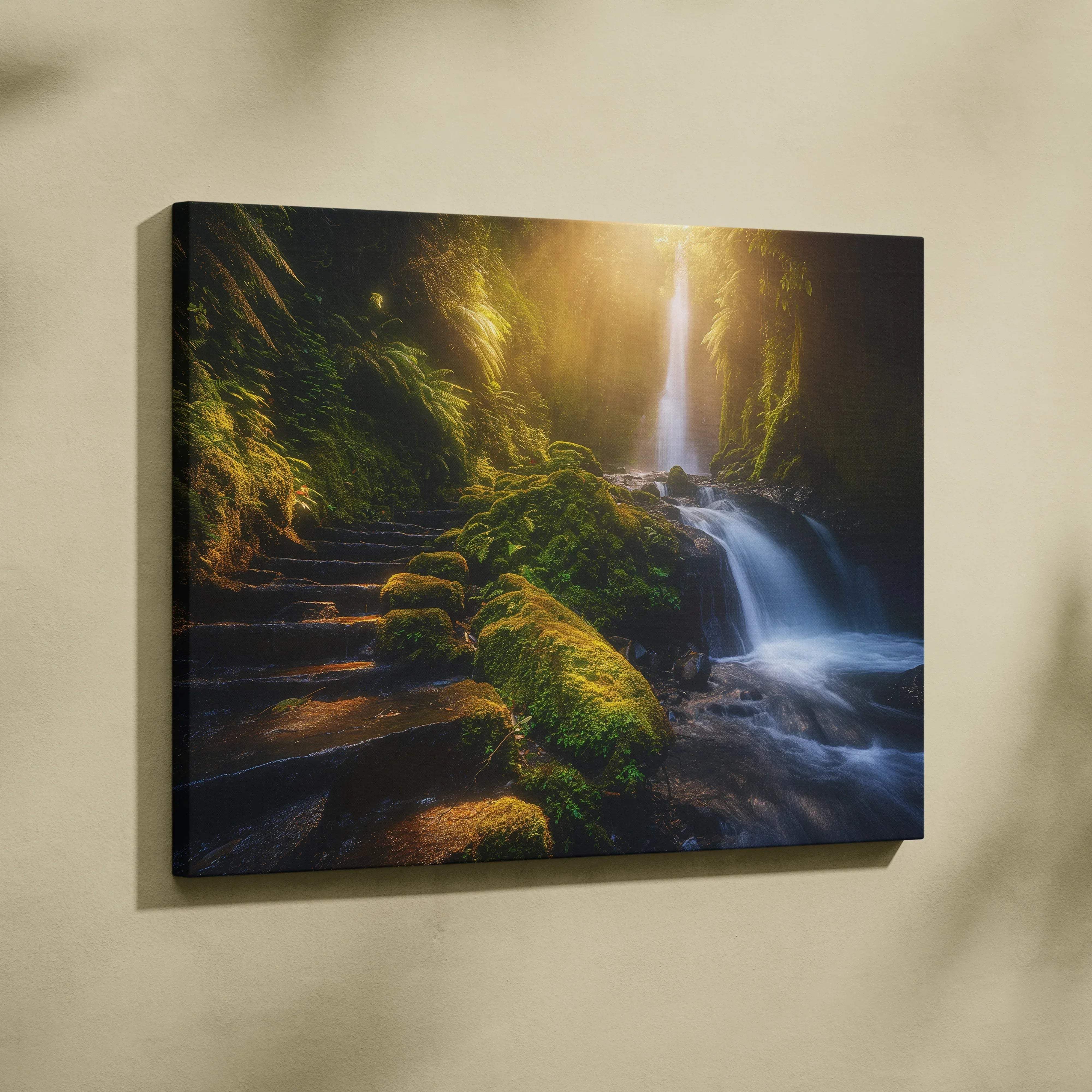 Serene forest waterfall canvas wall art features mossy stone steps and green ferns bathed in golden sunlight
