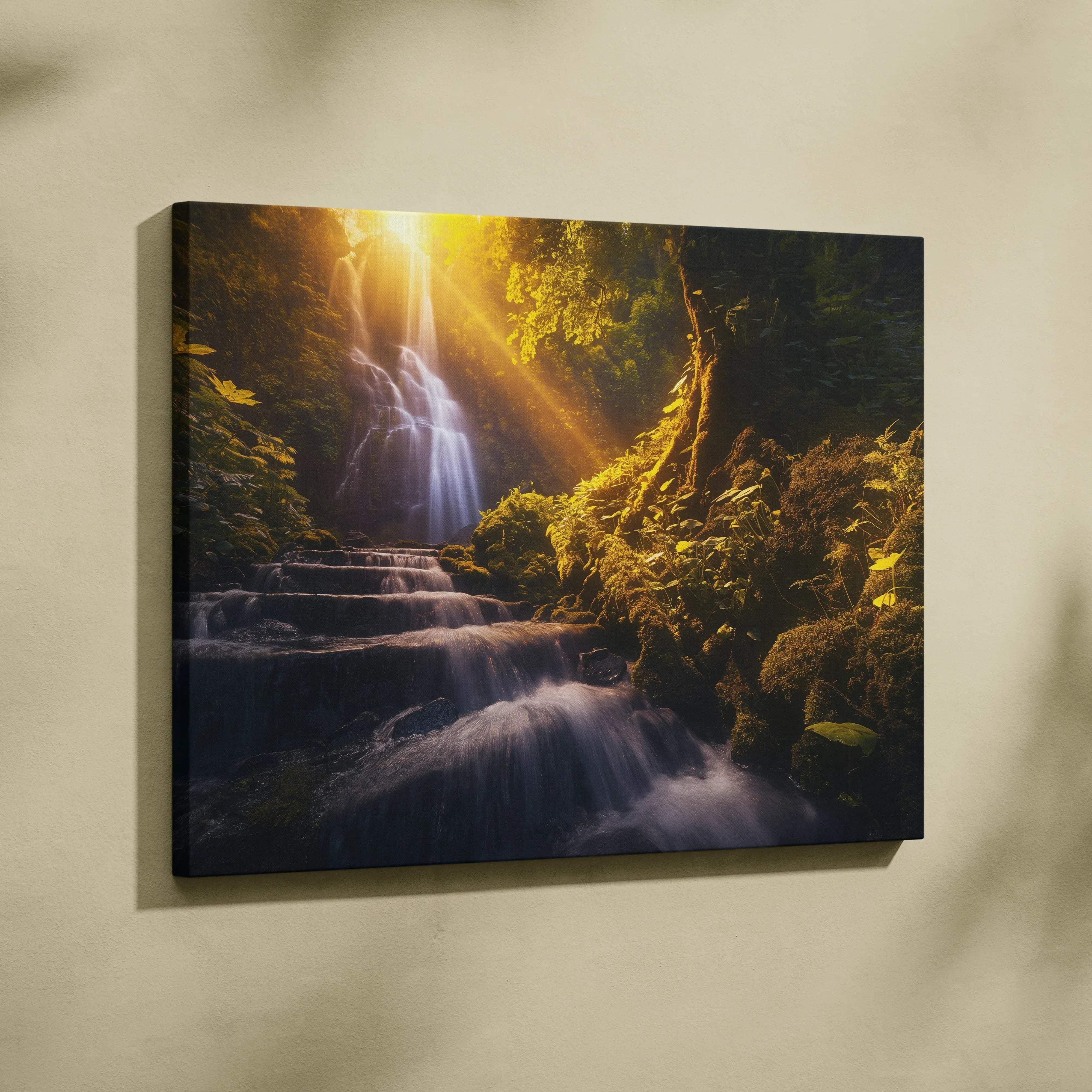 A framed canvas print of a sunlit waterfall with mossy rocks and lush greenery for living room decor
