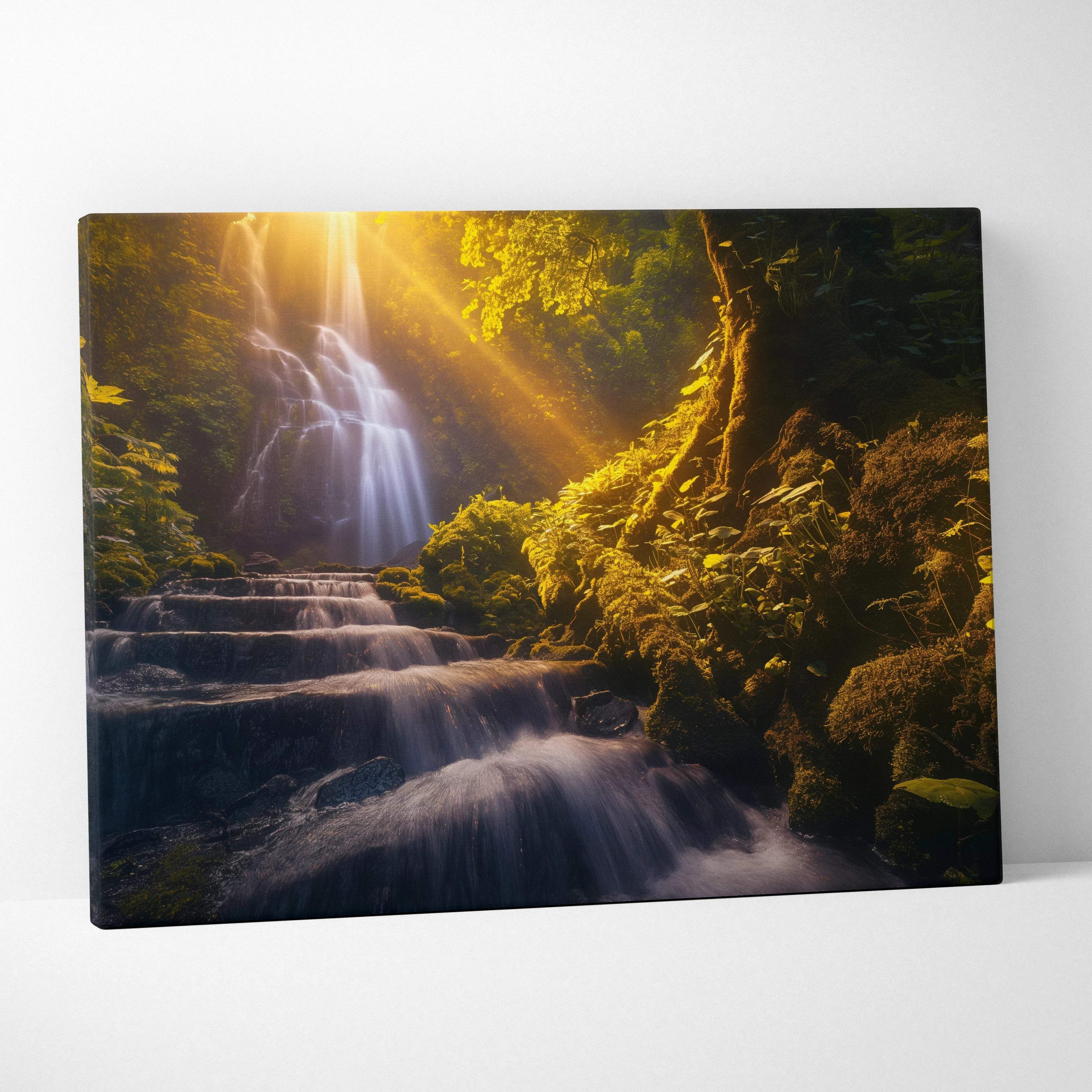 Rectangular canvas print of a sunlit waterfall with lush greenery and mossy rocks for living room decor