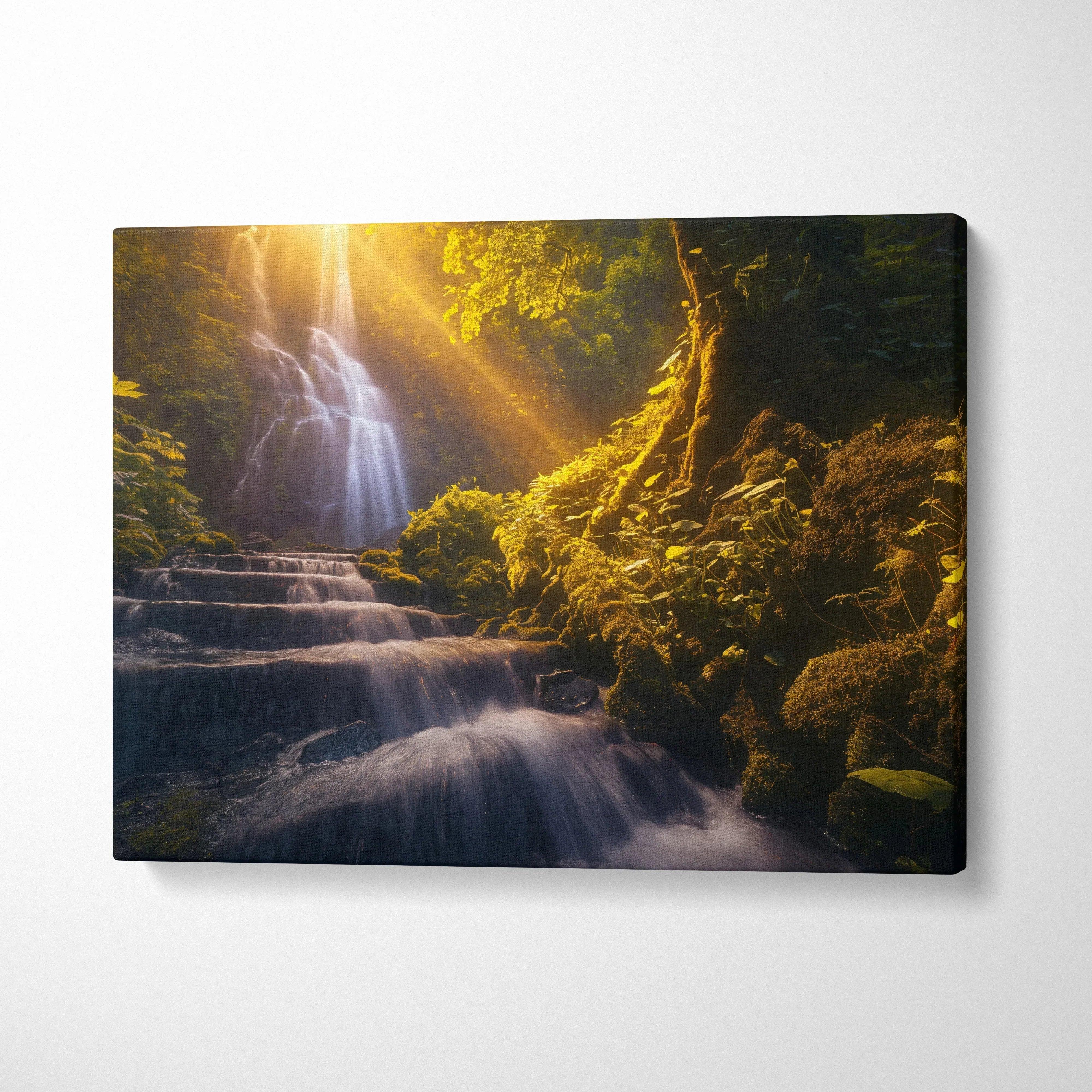 Sunlit waterfall cascading over mossy rocks in forest canvas wall art decor.