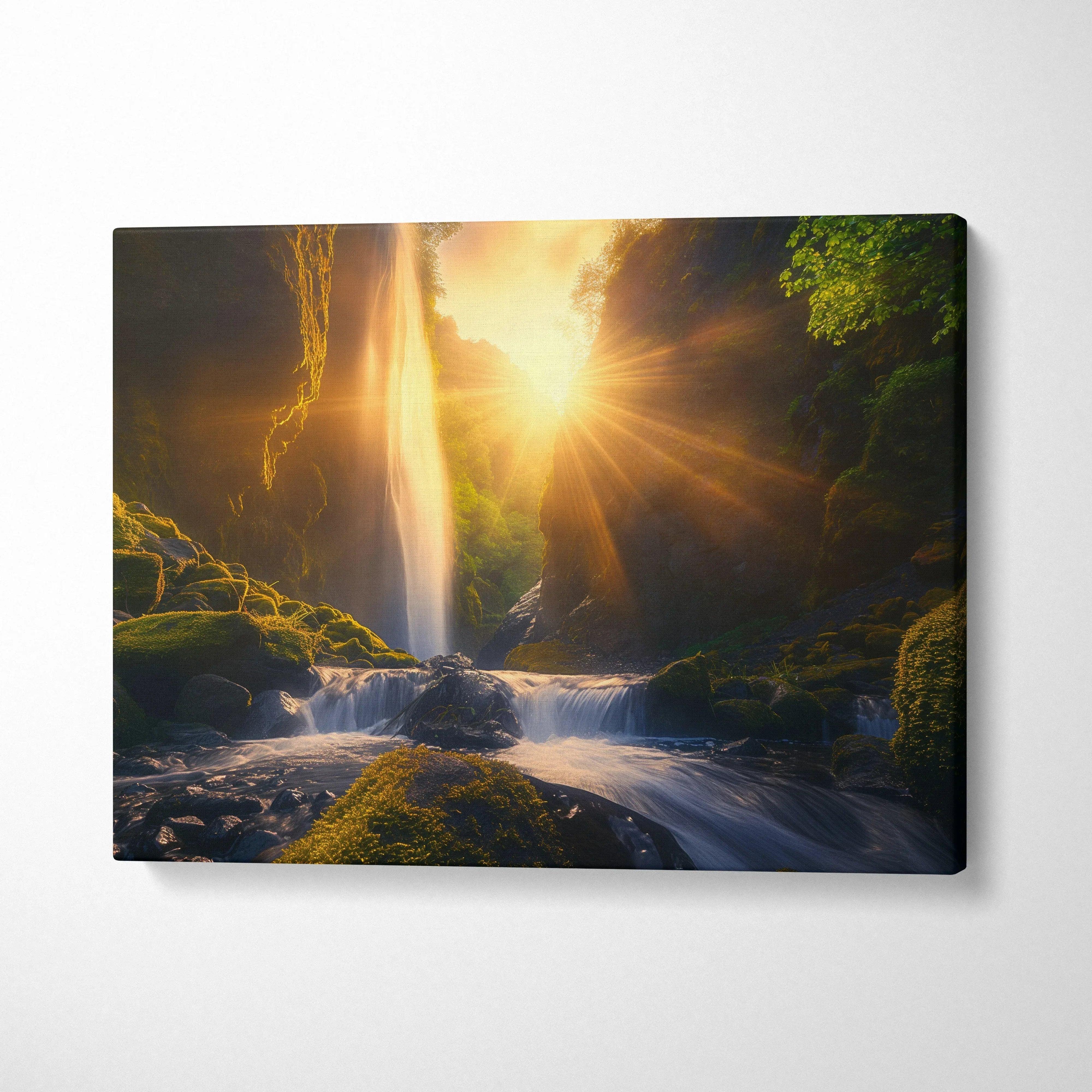 Waterfall nature canvas wall art with sunset forest landscape and golden light rays decor.