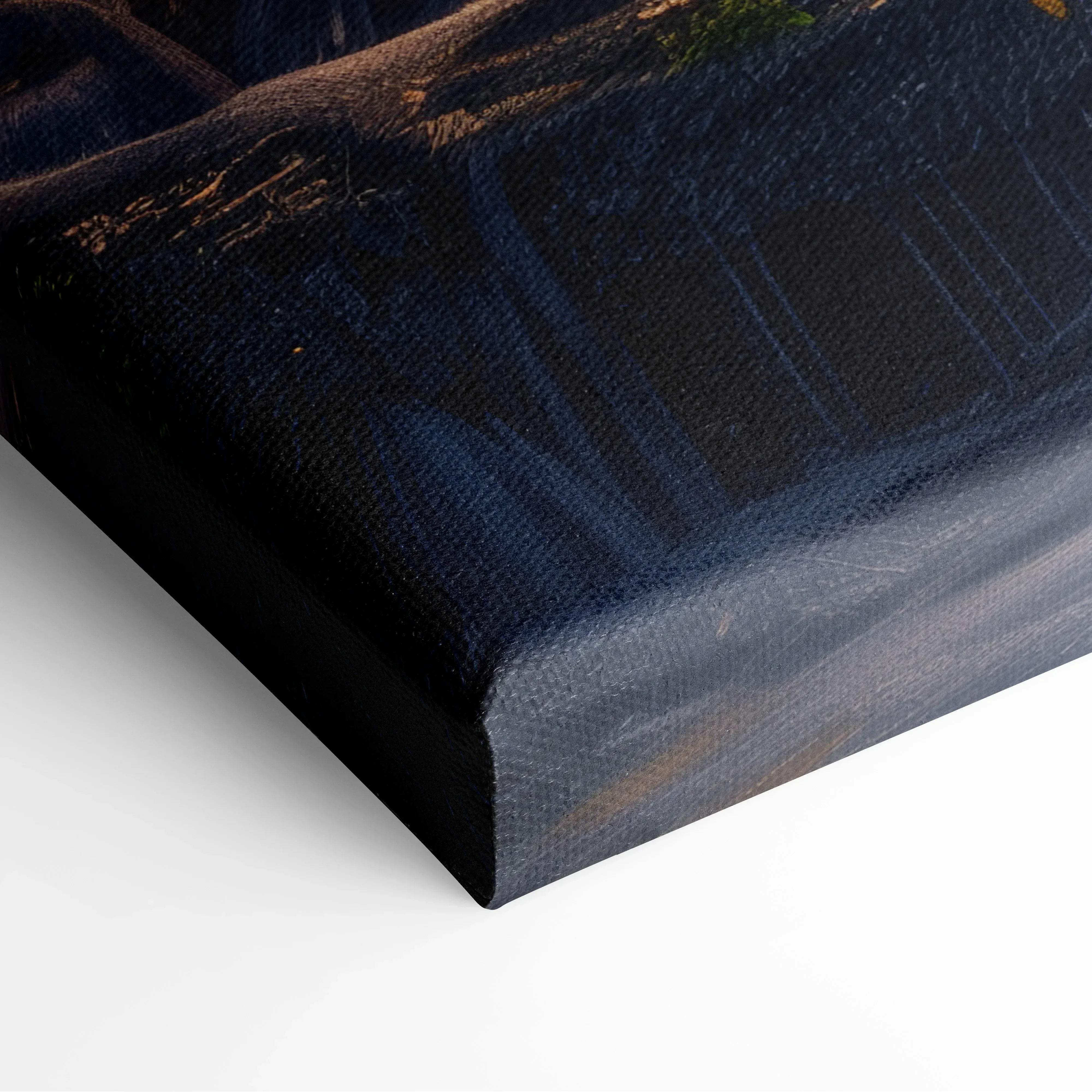 Dark blue canvas print with textured surface and black frame featuring tranquil fern forest waterfall landscape art
