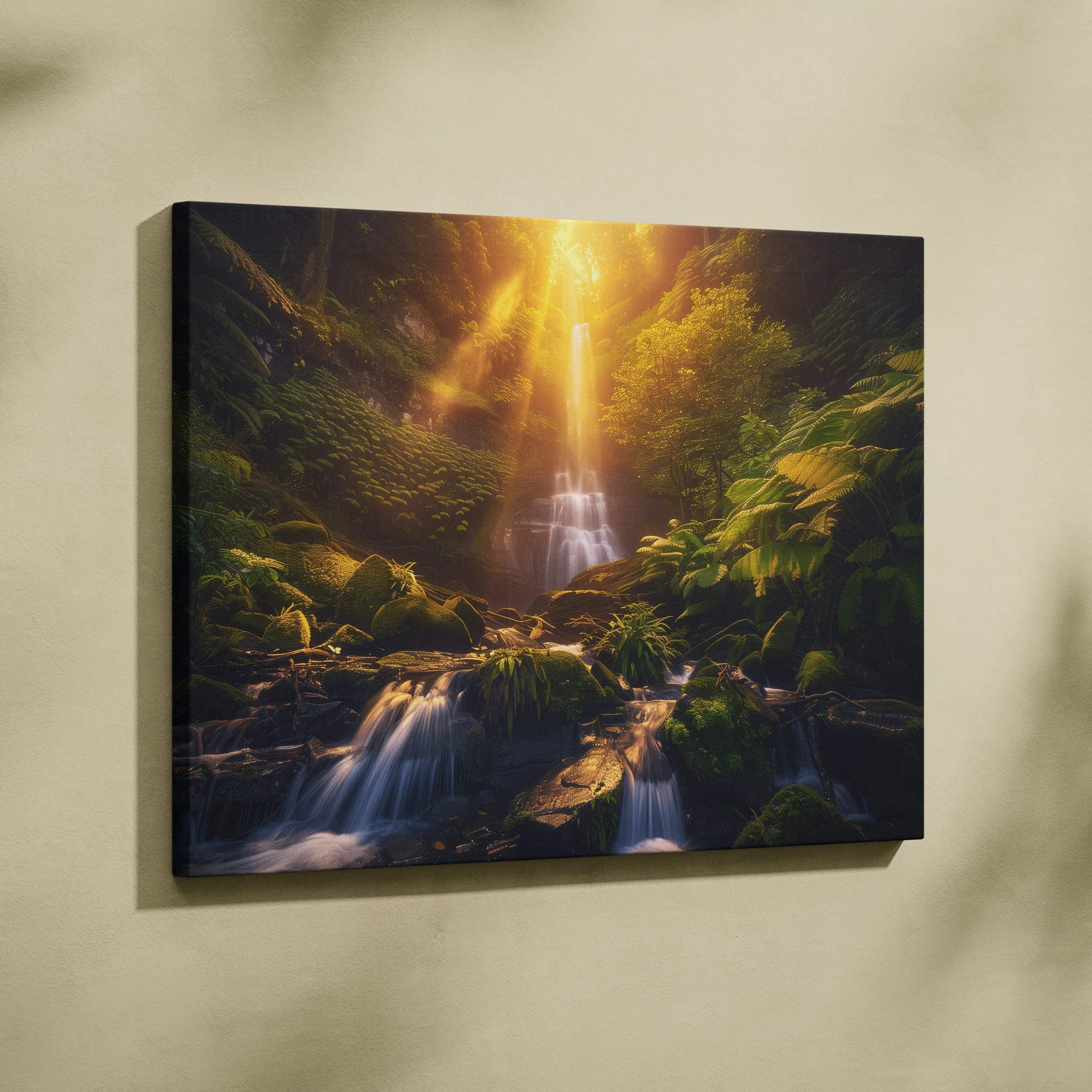 A rectangular canvas print of a sunlit waterfall in a fern forest with warm golden tones for serene wall art