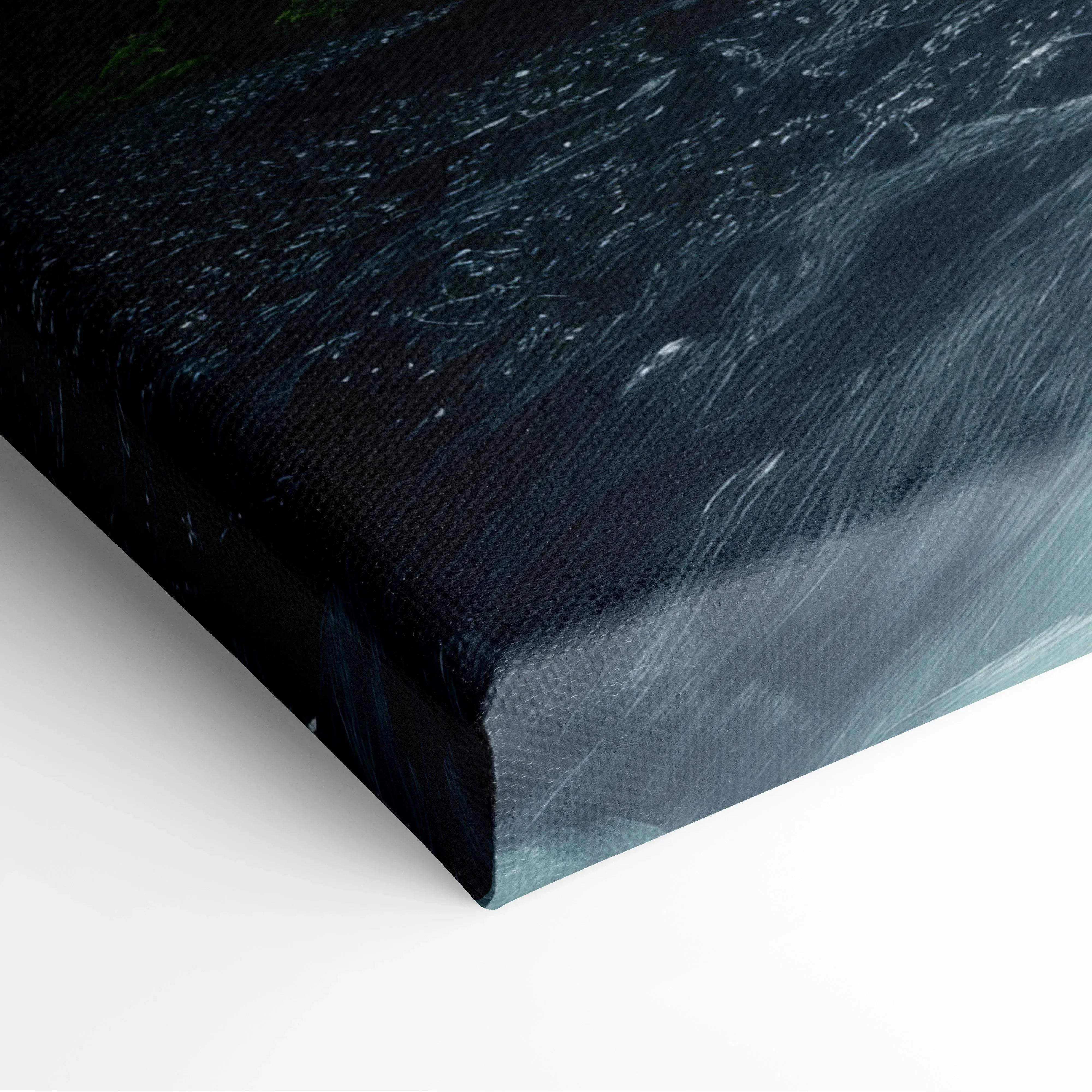 Black canvas print with textured brushstroke surface for forest waterfall wall art featuring sunlit greens and mossy rocks