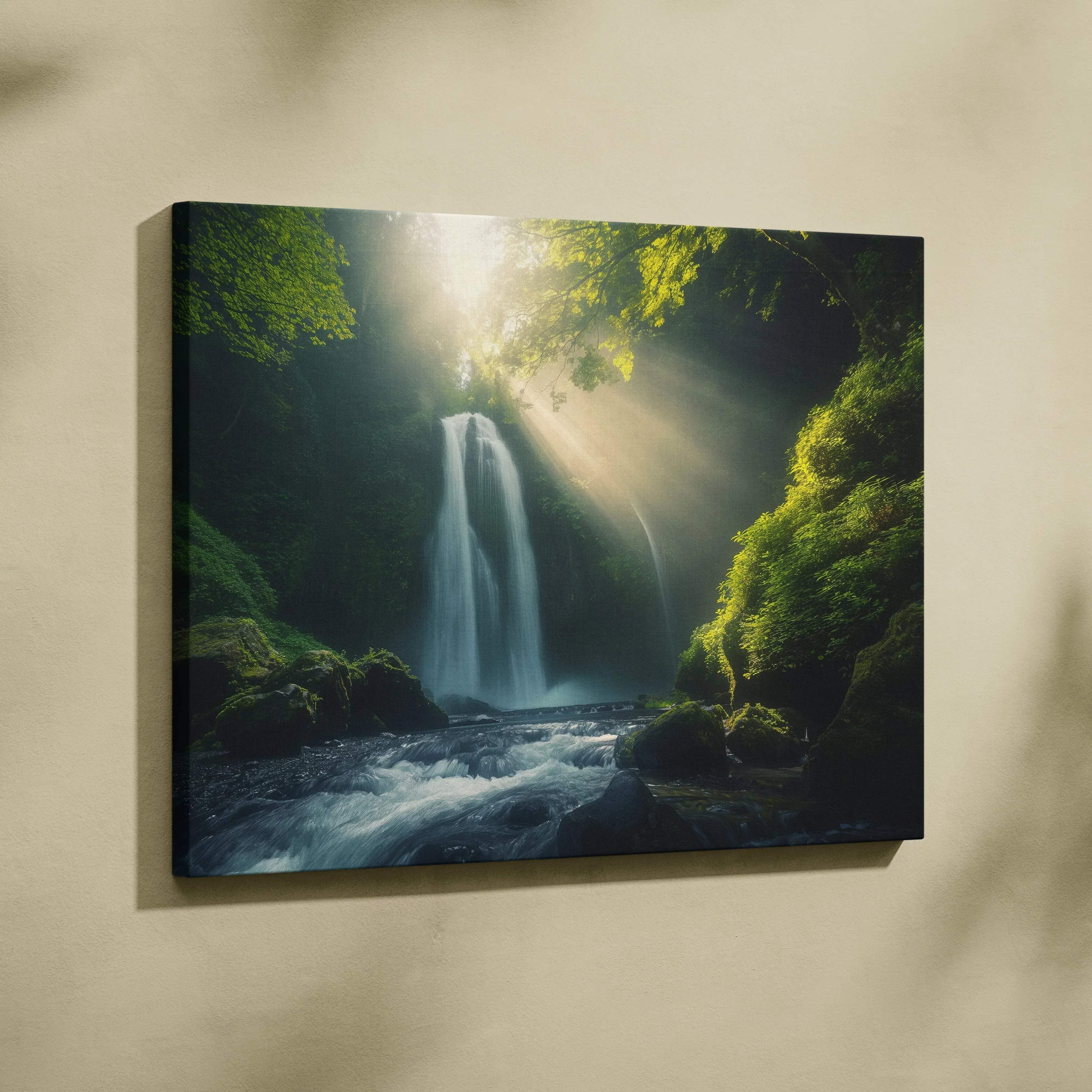 A framed canvas print of a serene forest waterfall with sunlit greens and mossy rocks landscape
