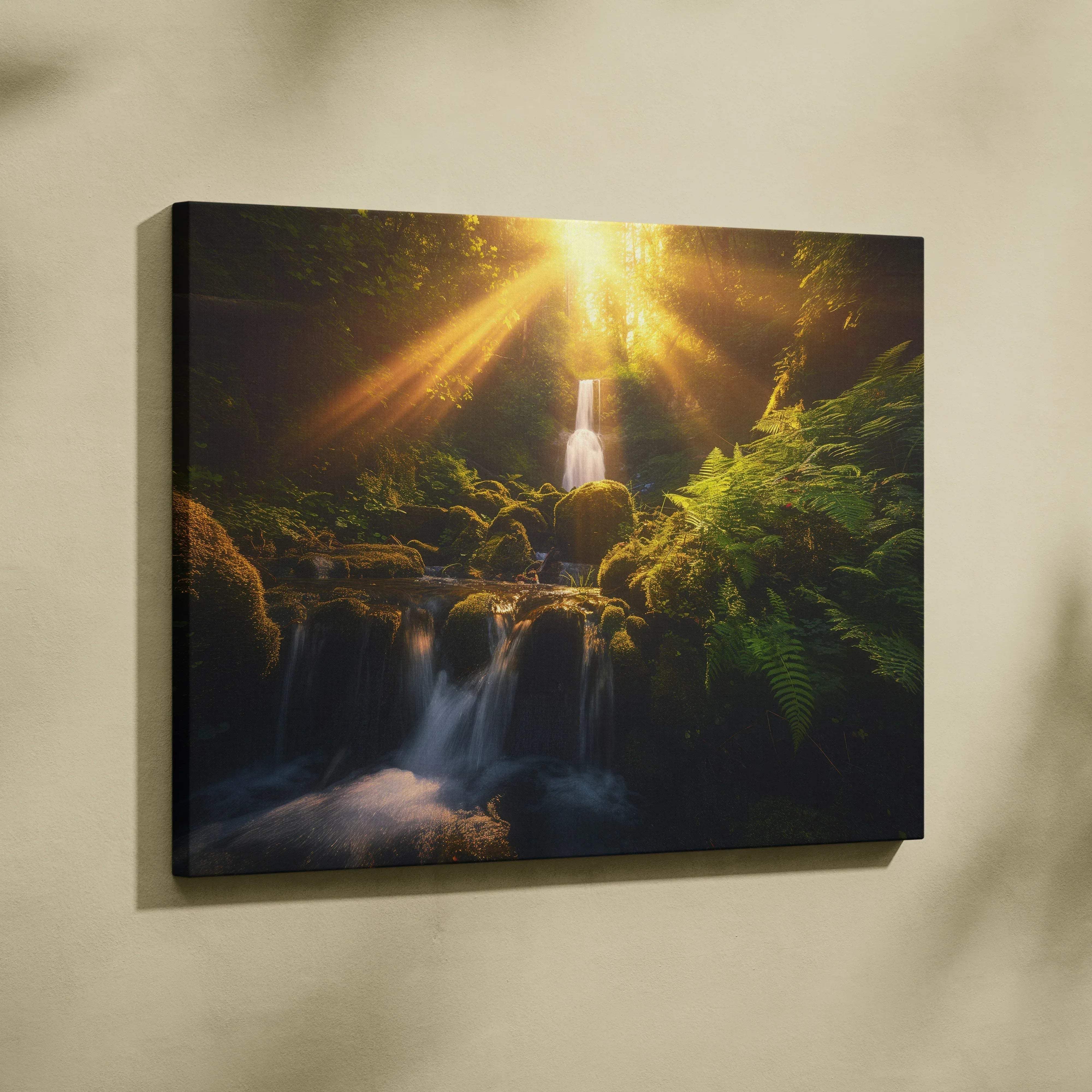 Canvas print of a mossy waterfall with golden sunbeams through green ferns in a nature photography wall art for living room