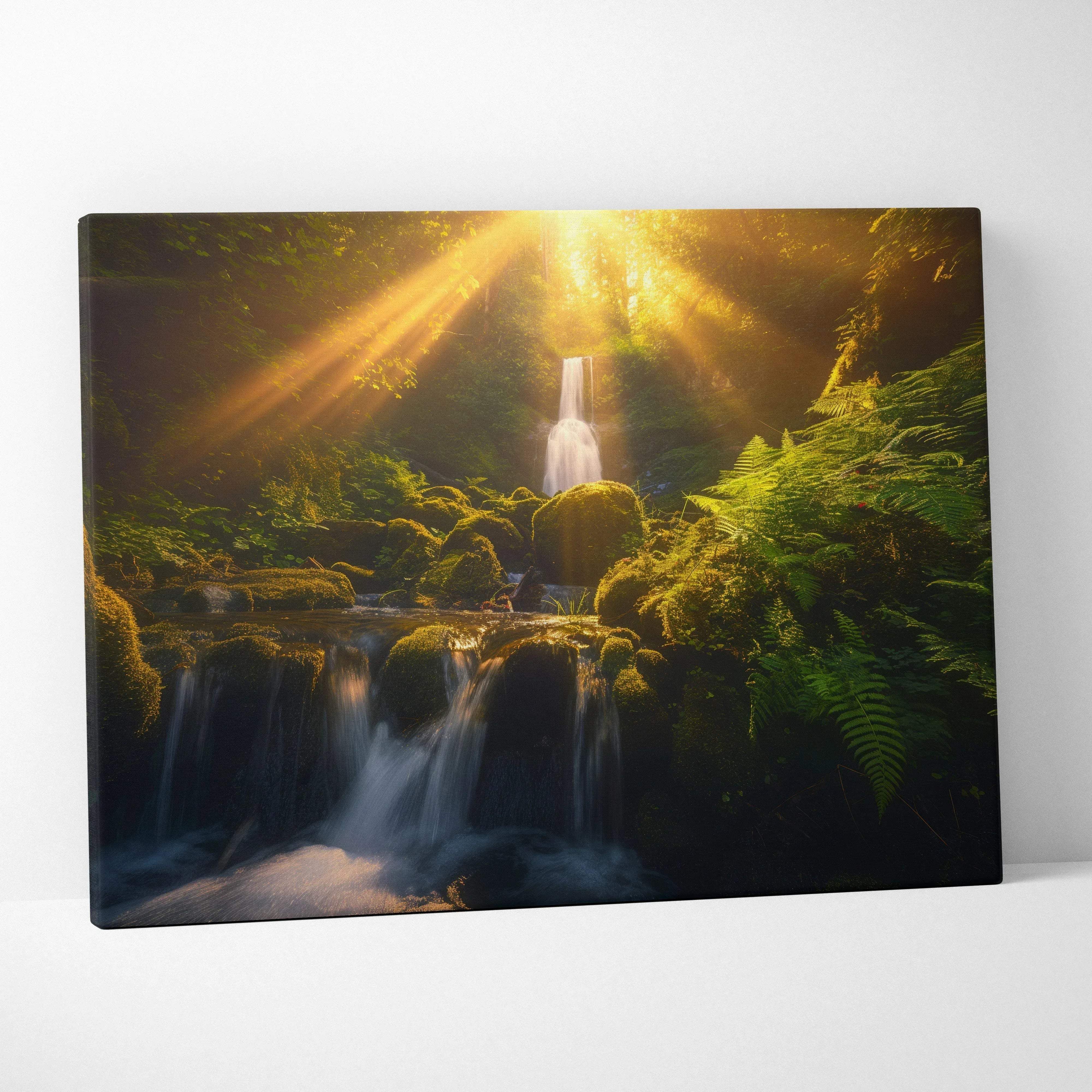 Nature photography waterfall in forest sunlit golden hour canvas wall art with lush green ferns for living room decor