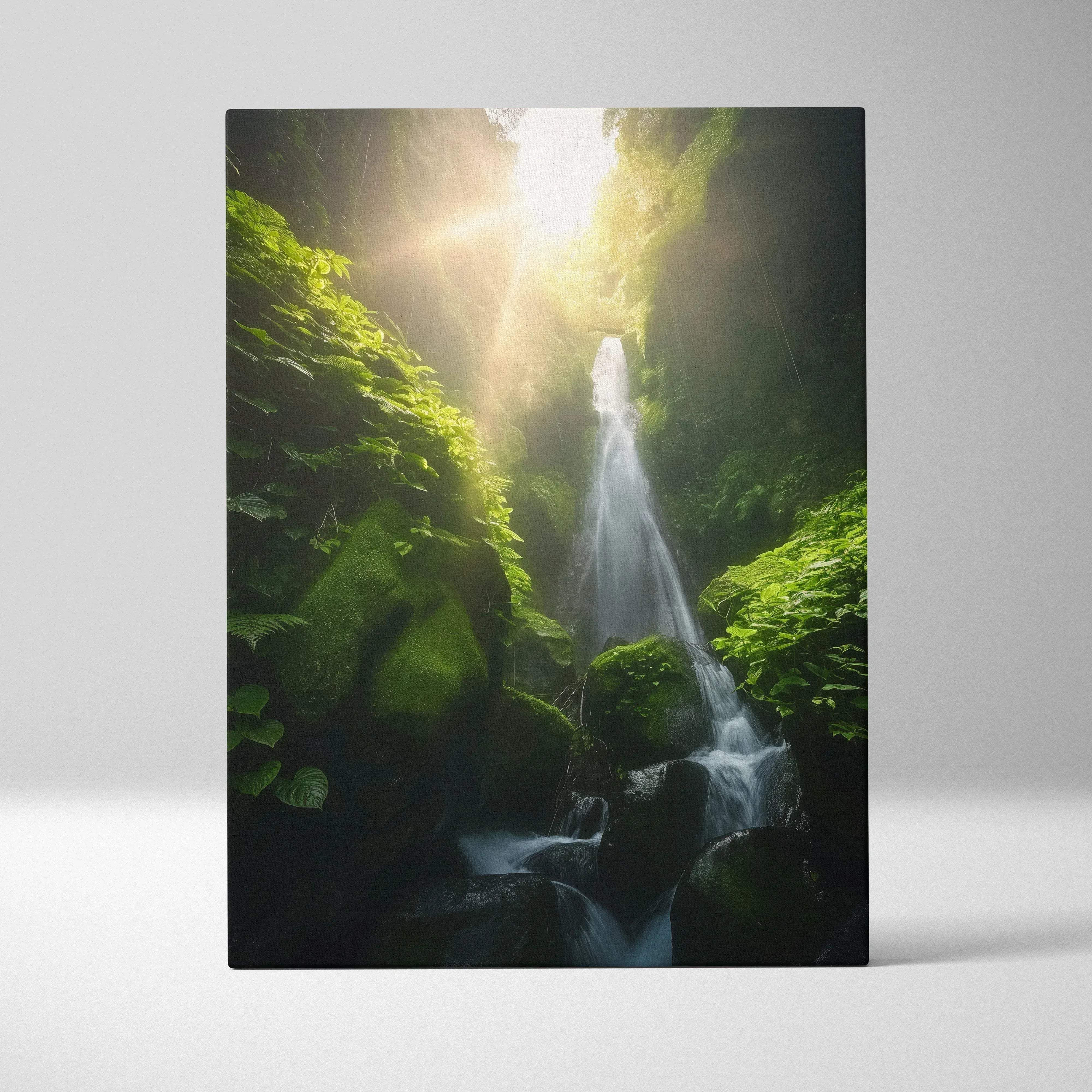 Serene waterfall canvas wall art featuring vibrant green mossy rocks and sunlit mist in a lush forest scene