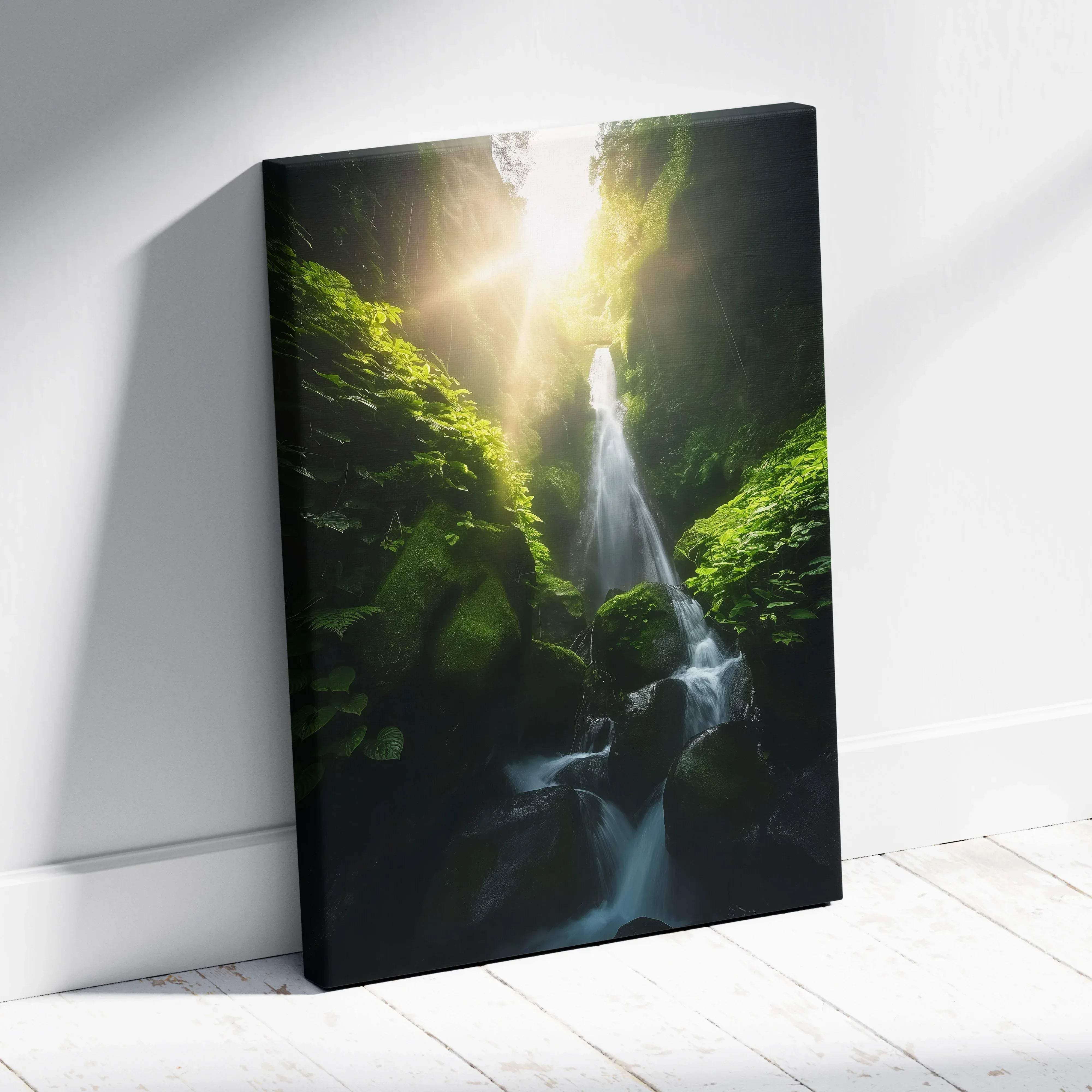A framed canvas print of a lush green waterfall with mossy rocks and sunlit mist in a forest setting