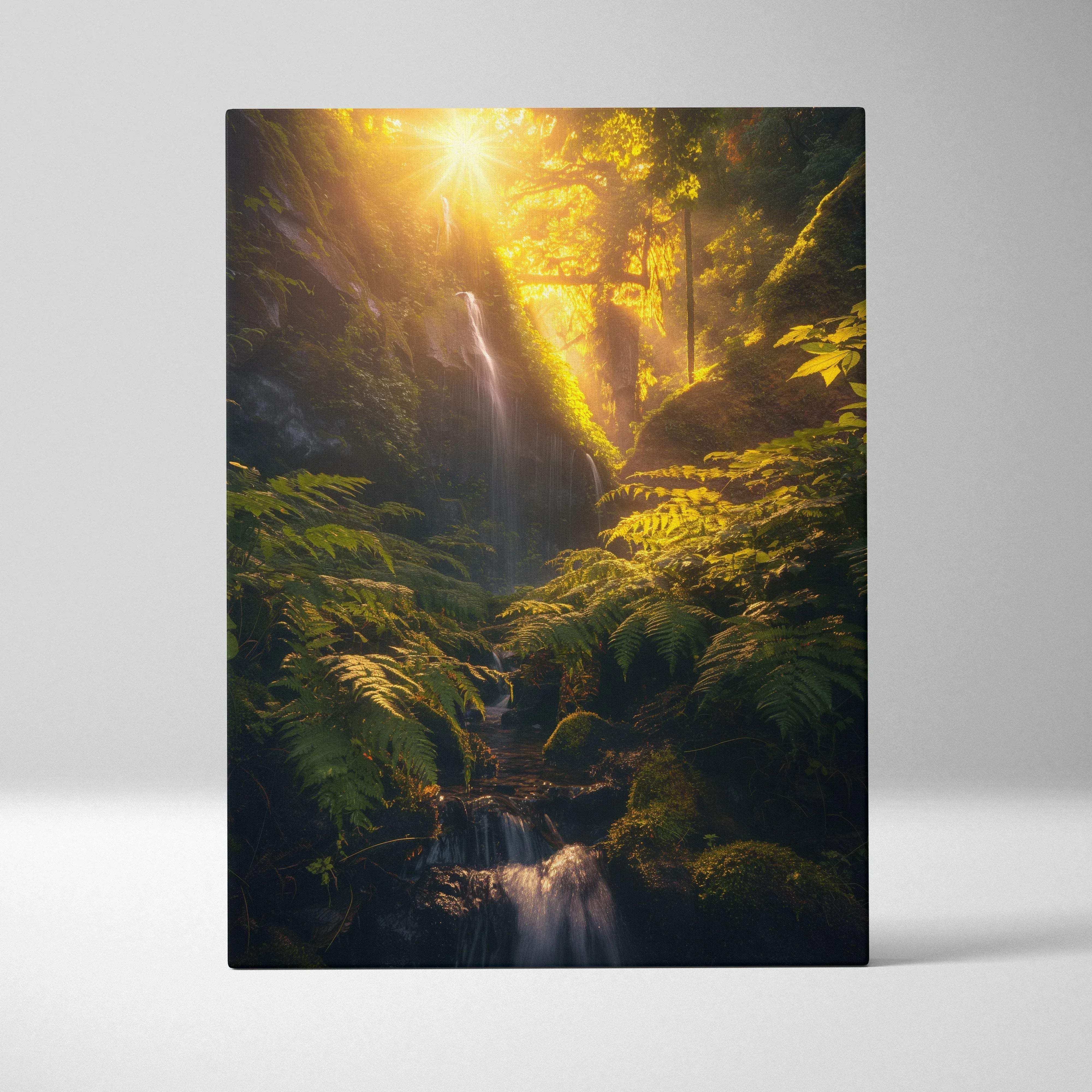A rectangular fine art canvas wall art print of a sunlit mossy forest with golden glowing waterfalls