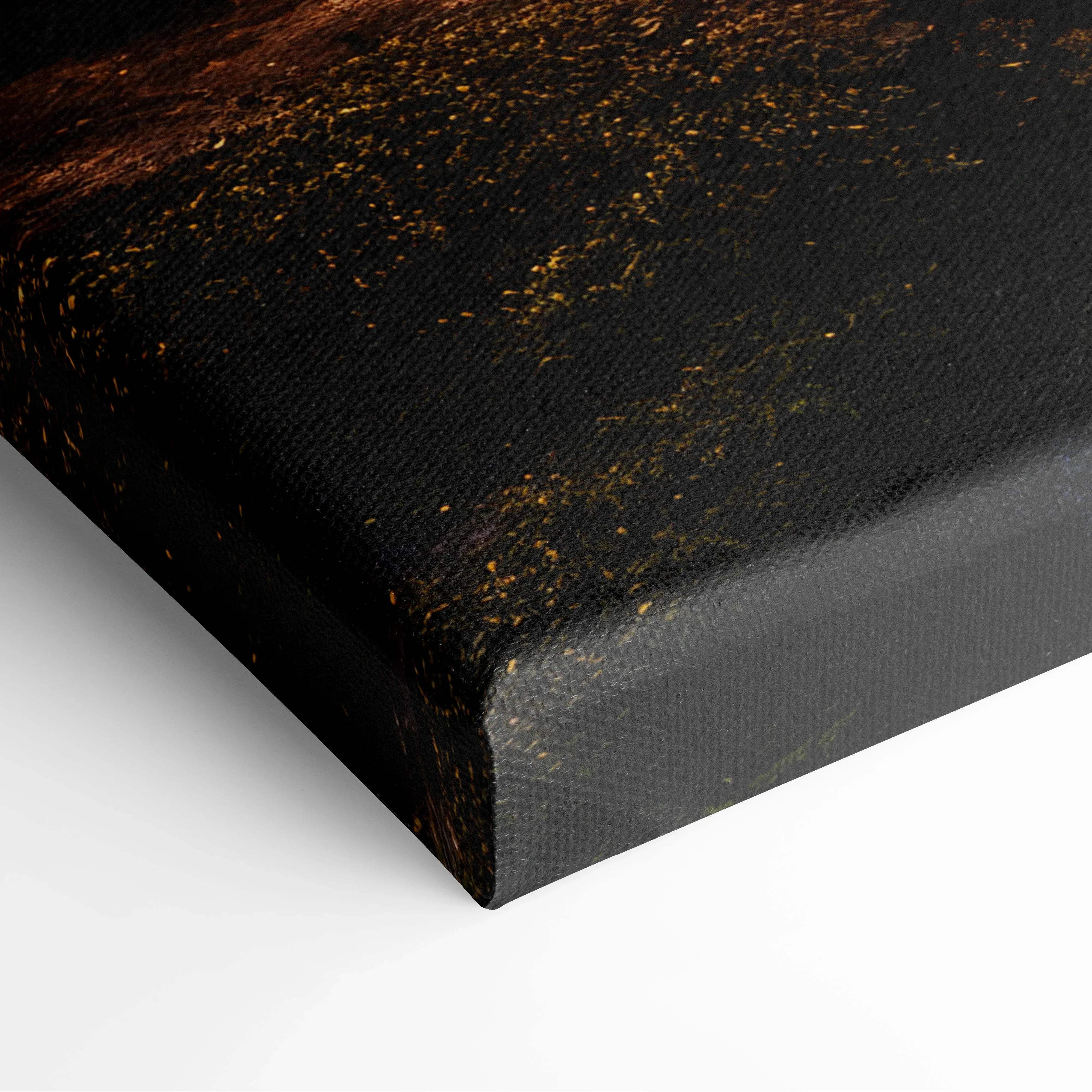 Black canvas print with textured surface and gold specks for nature photography waterfall forest scene wall art