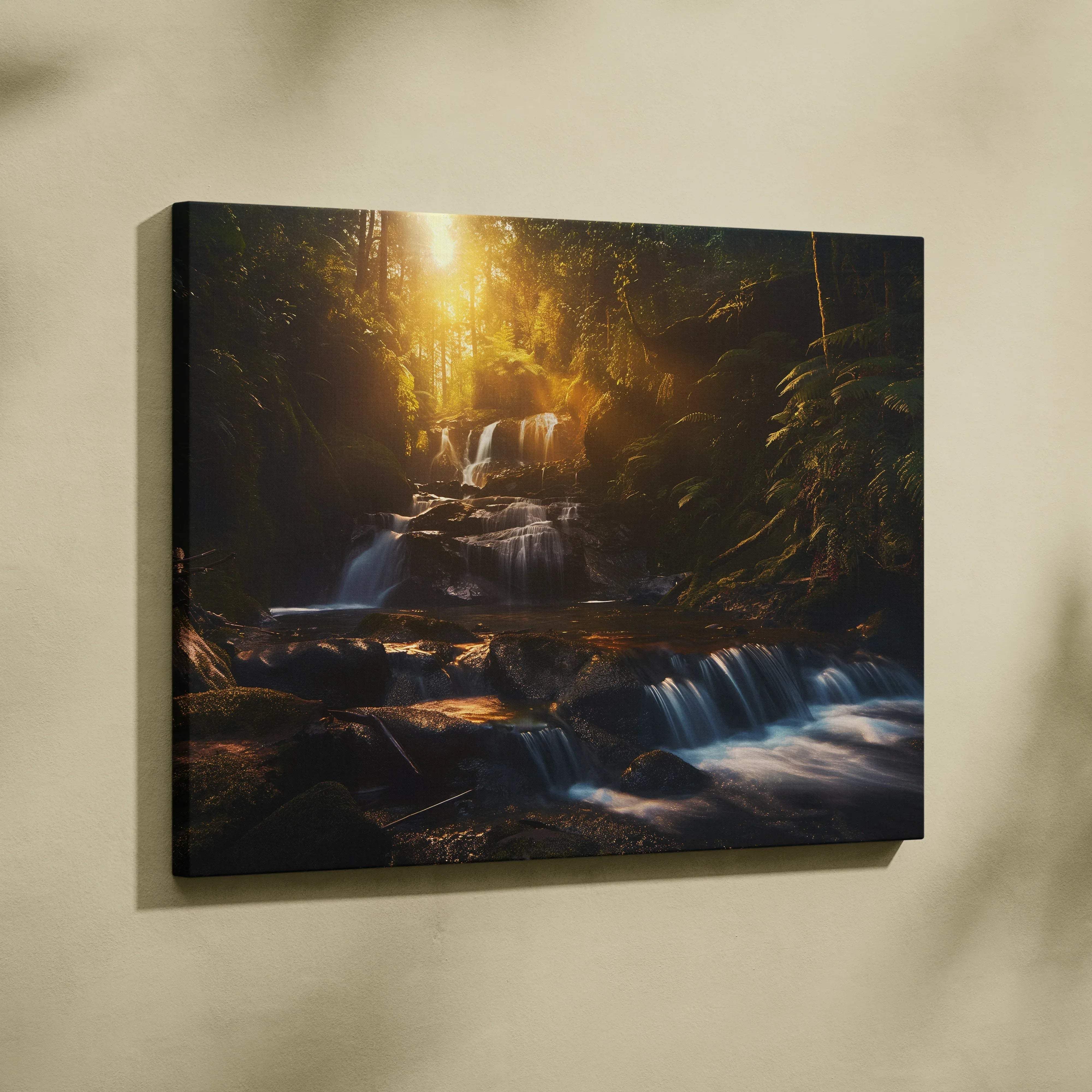 A framed canvas print of a cascading waterfall in a sunlit forest with mossy greens and lush ferns wall art