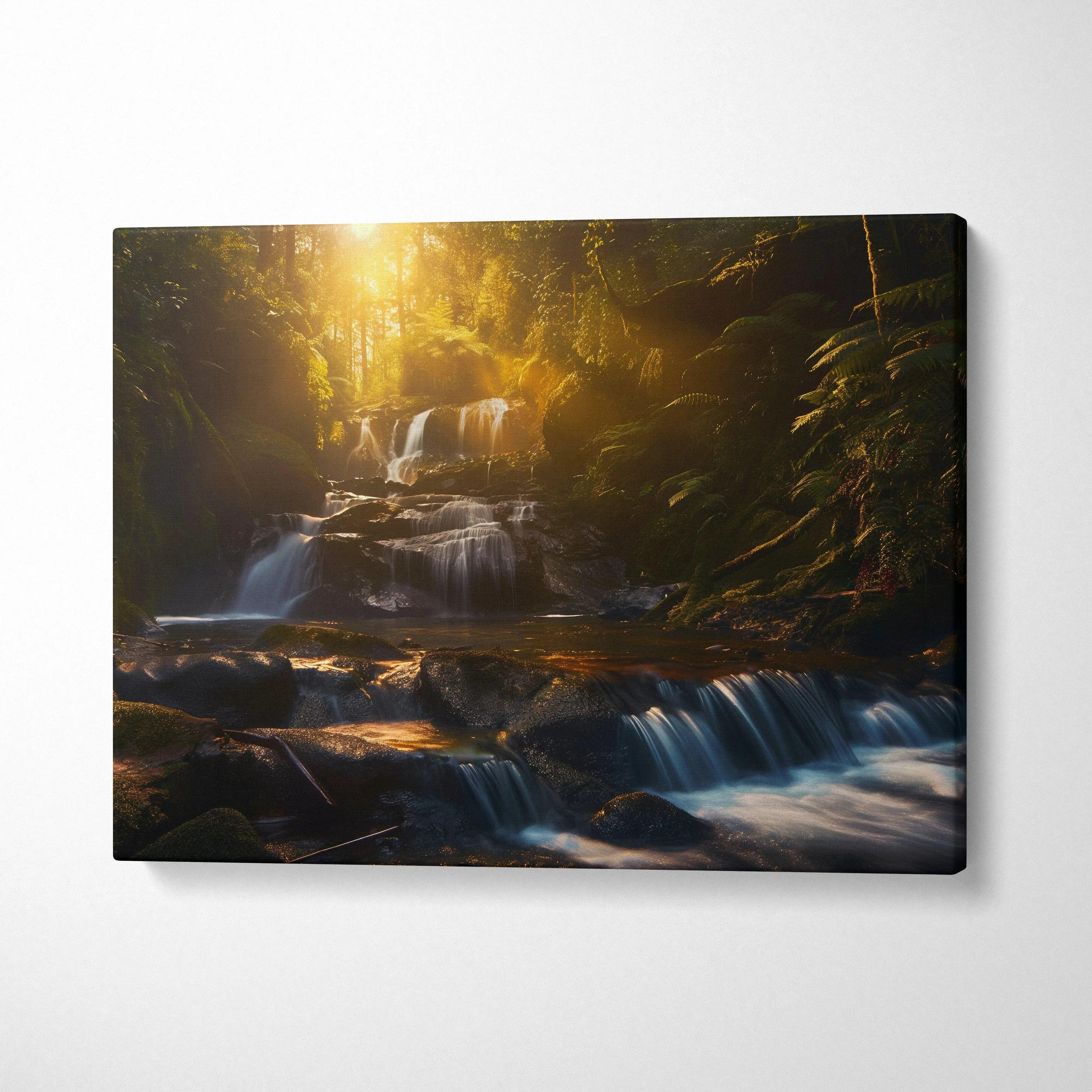 Canvas wall art of sunlit mossy forest with cascading waterfall in warm golden light decor.