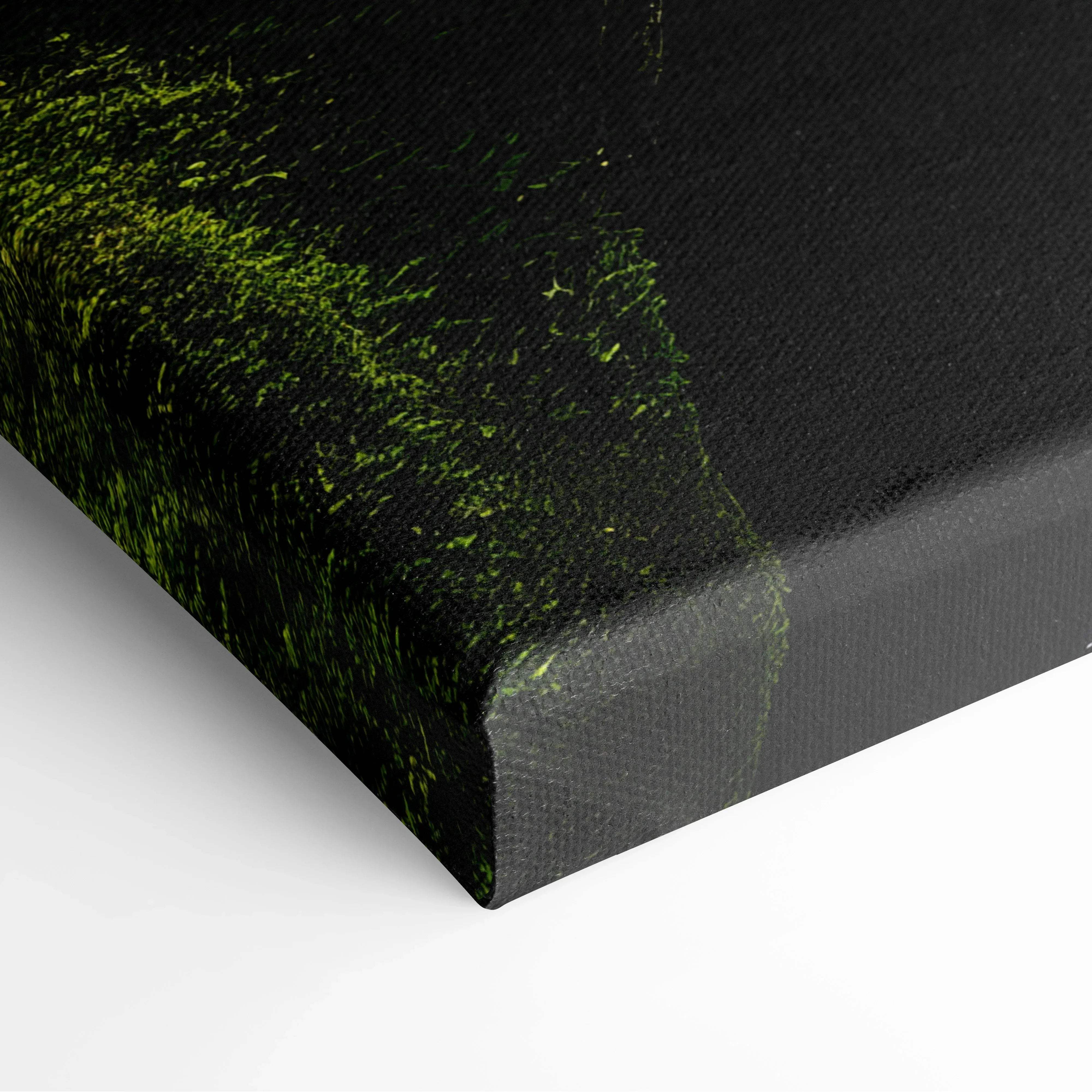Black canvas print featuring vibrant green splatter paint design inspired by serene forest waterfall and mossy rocks