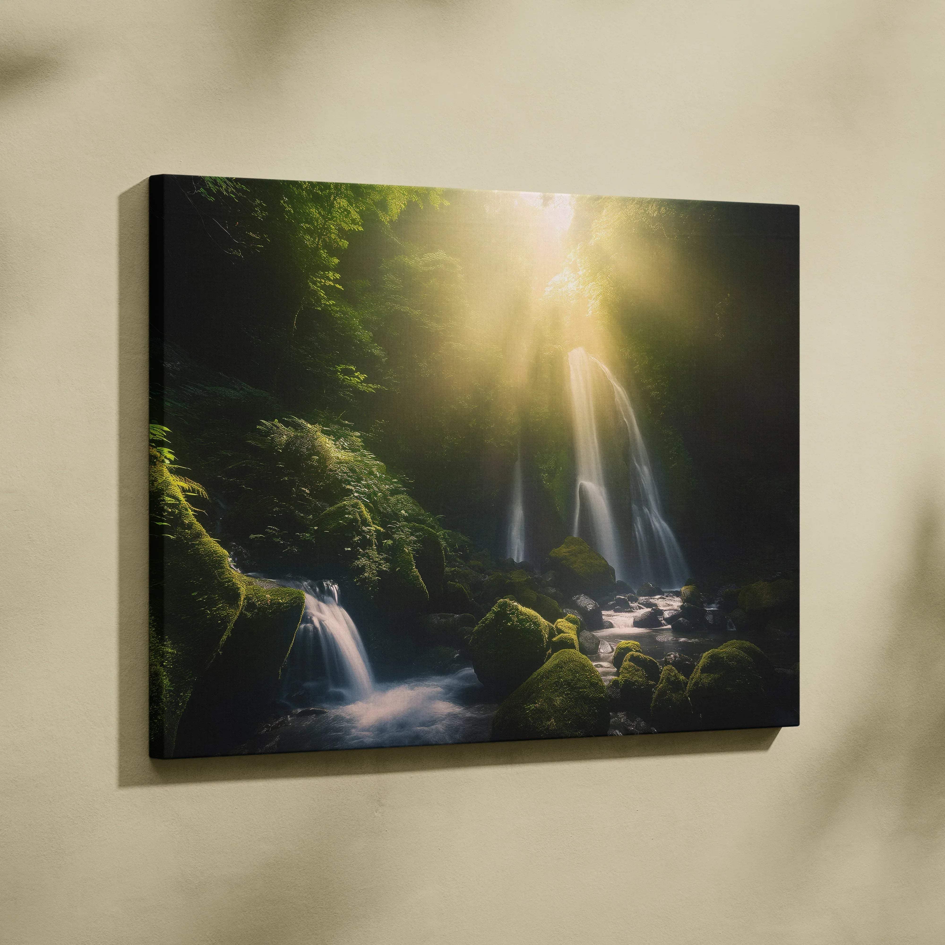 A framed canvas print of a forest waterfall scene with mossy green rocks and sunlight filtering through trees