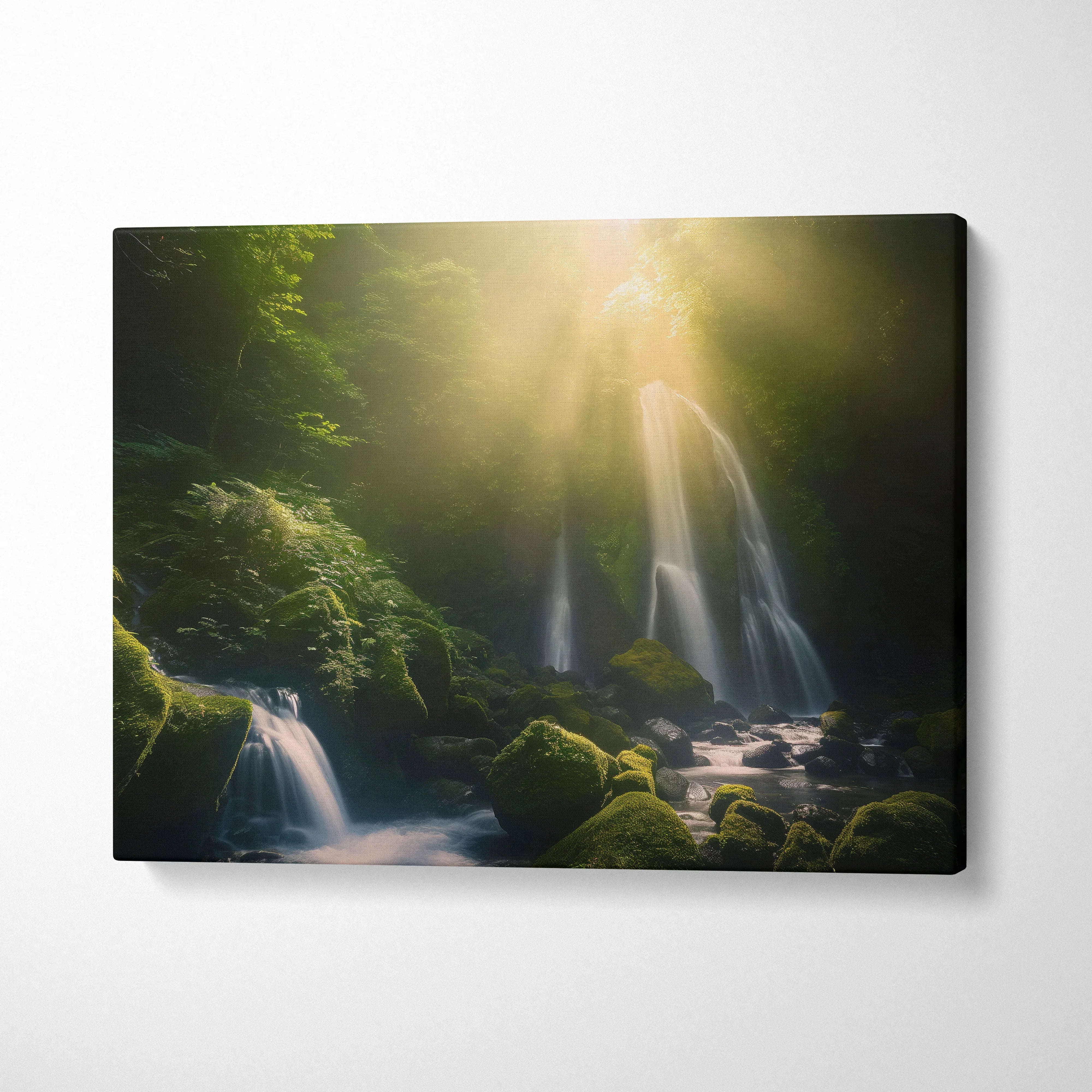Canvas wall art of a serene forest waterfall with mossy rocks bathed in soft sunlight decor.