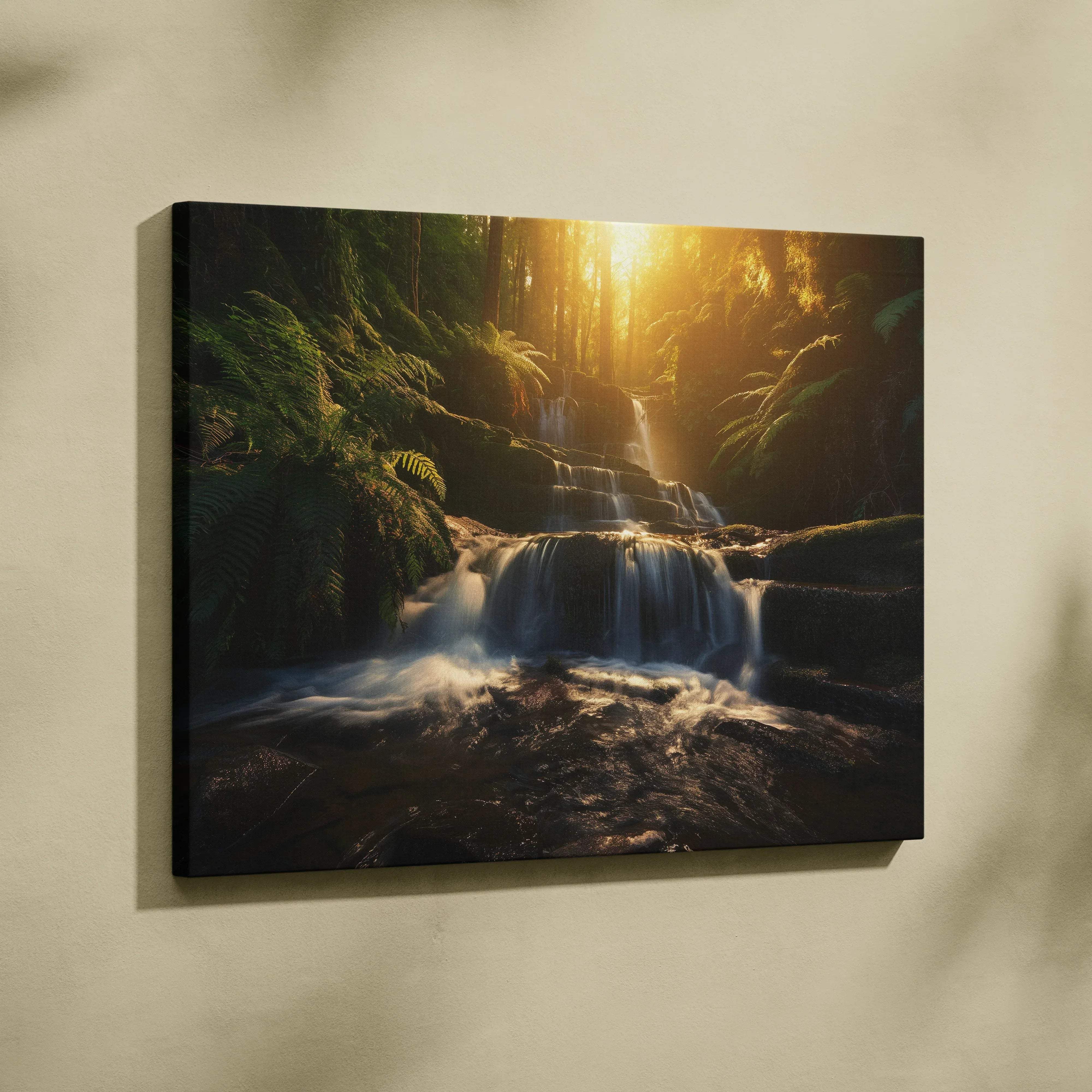 A framed canvas print of a forest waterfall with golden sunlight, lush green ferns, and mossy rocks in warm tones