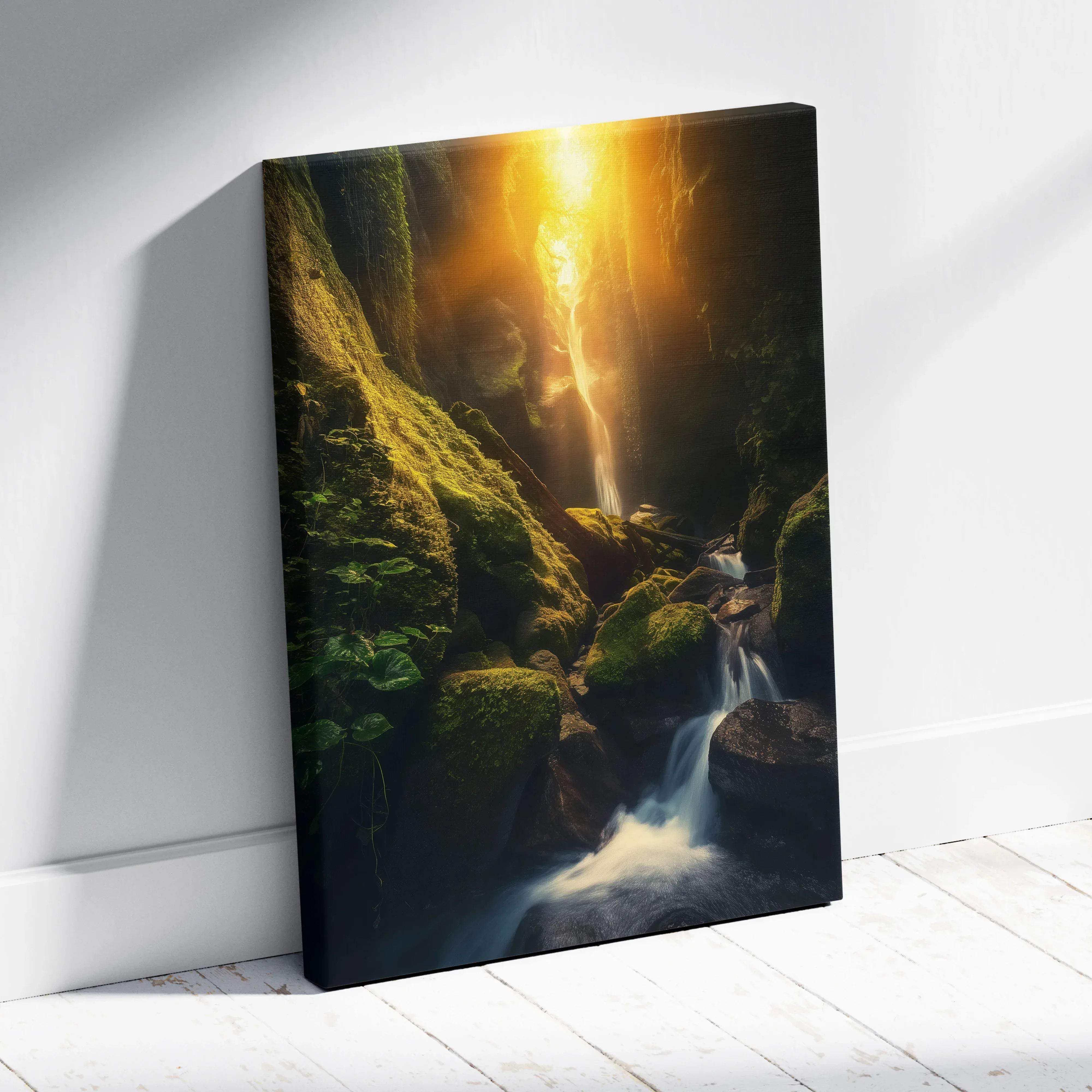 A framed canvas print of a sunlit waterfall flowing through green mossy rocks with warm golden light