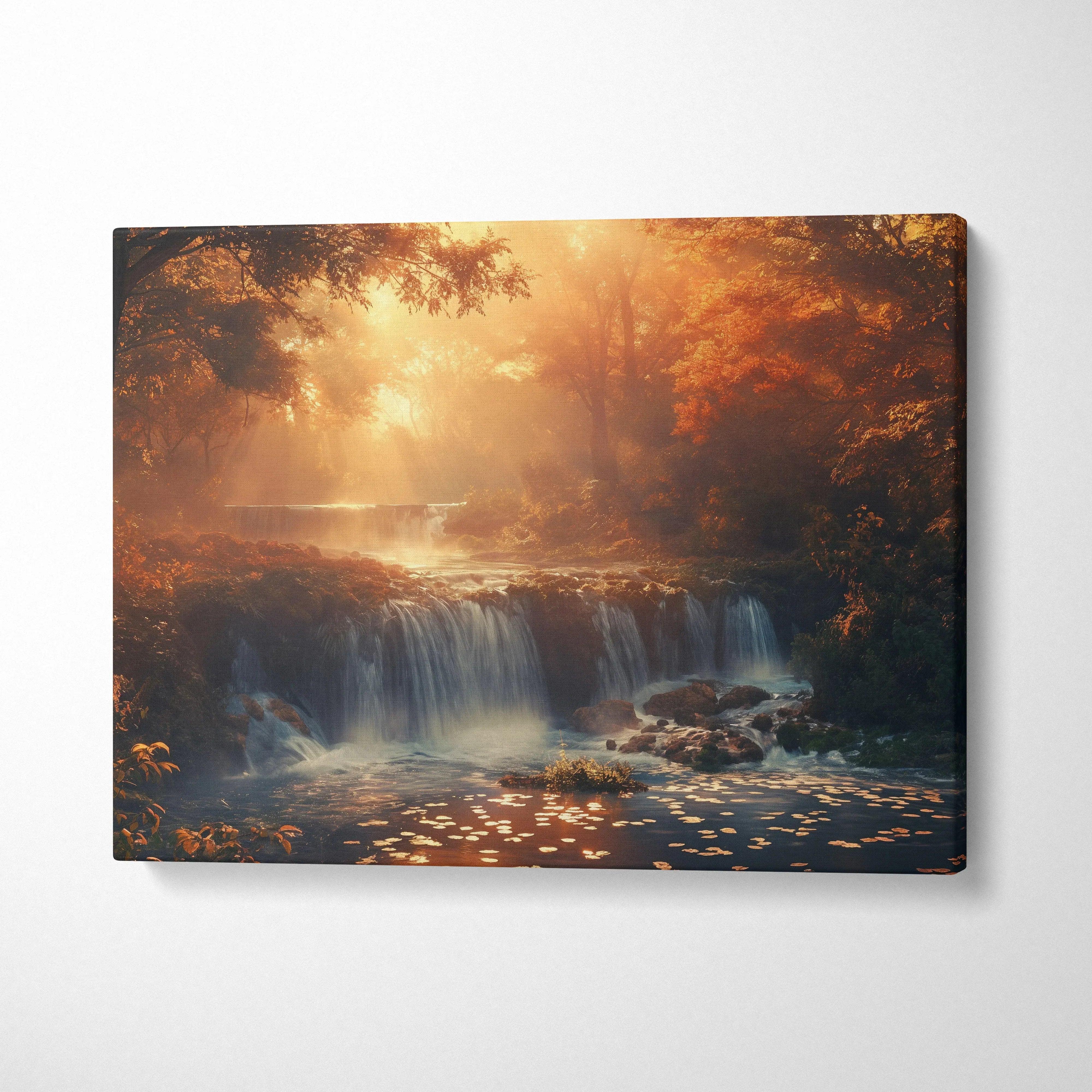 Autumn forest waterfall canvas wall art with warm sunset tones and nature decor.
