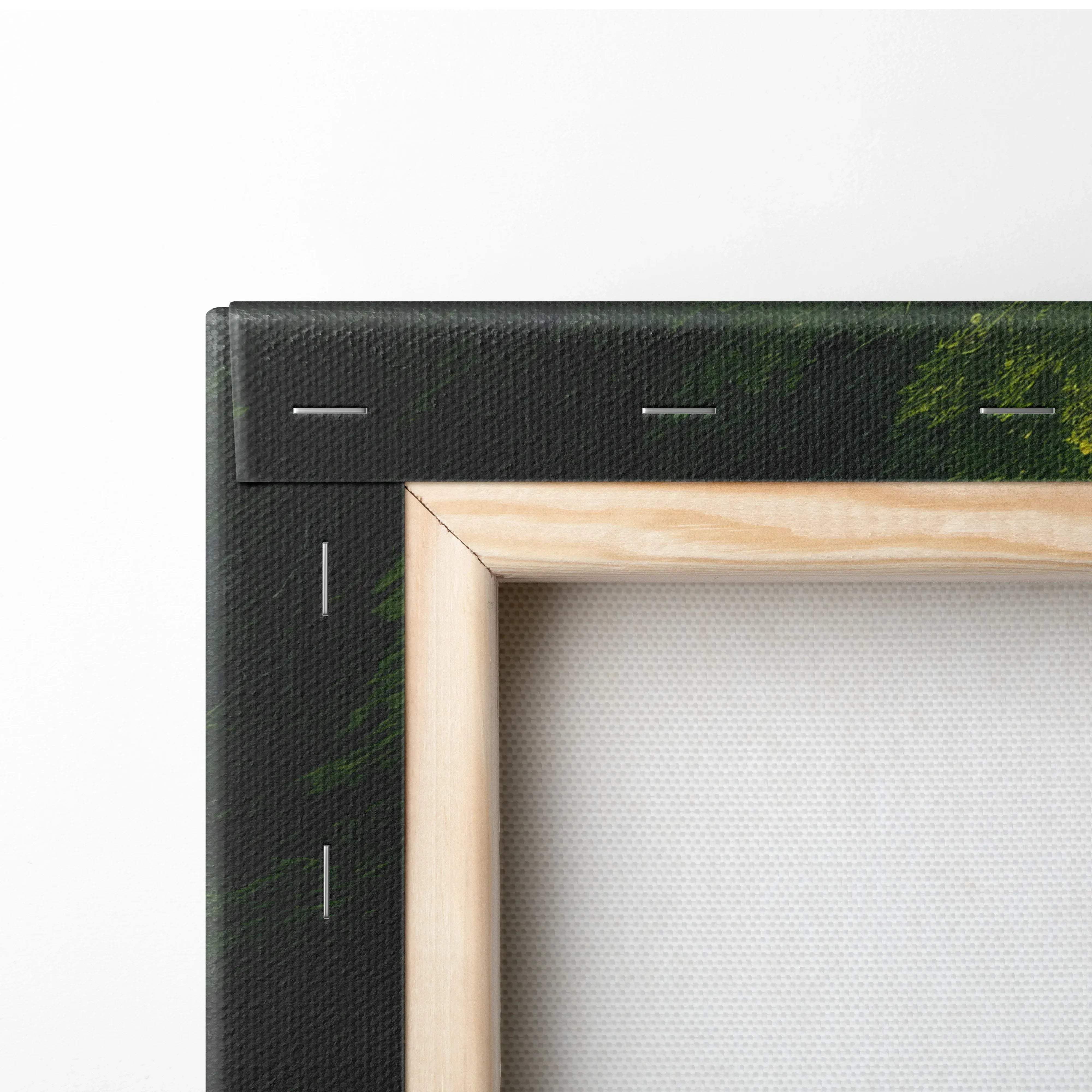 Light wood-framed nature landscape canvas print with black textured border and visible stitching for serene green decor