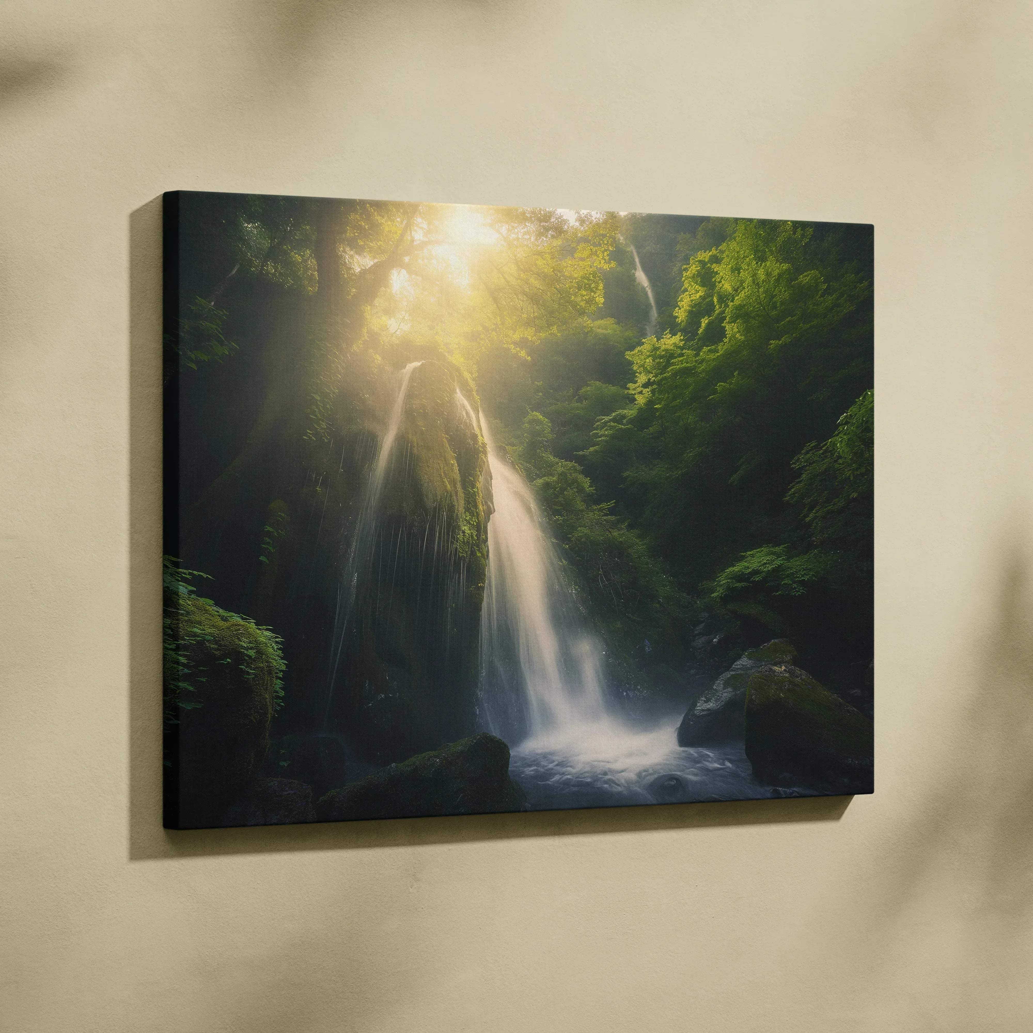 Nature landscape canvas wall art featuring a lush green mossy forest waterfall with golden sunlight for serene decor