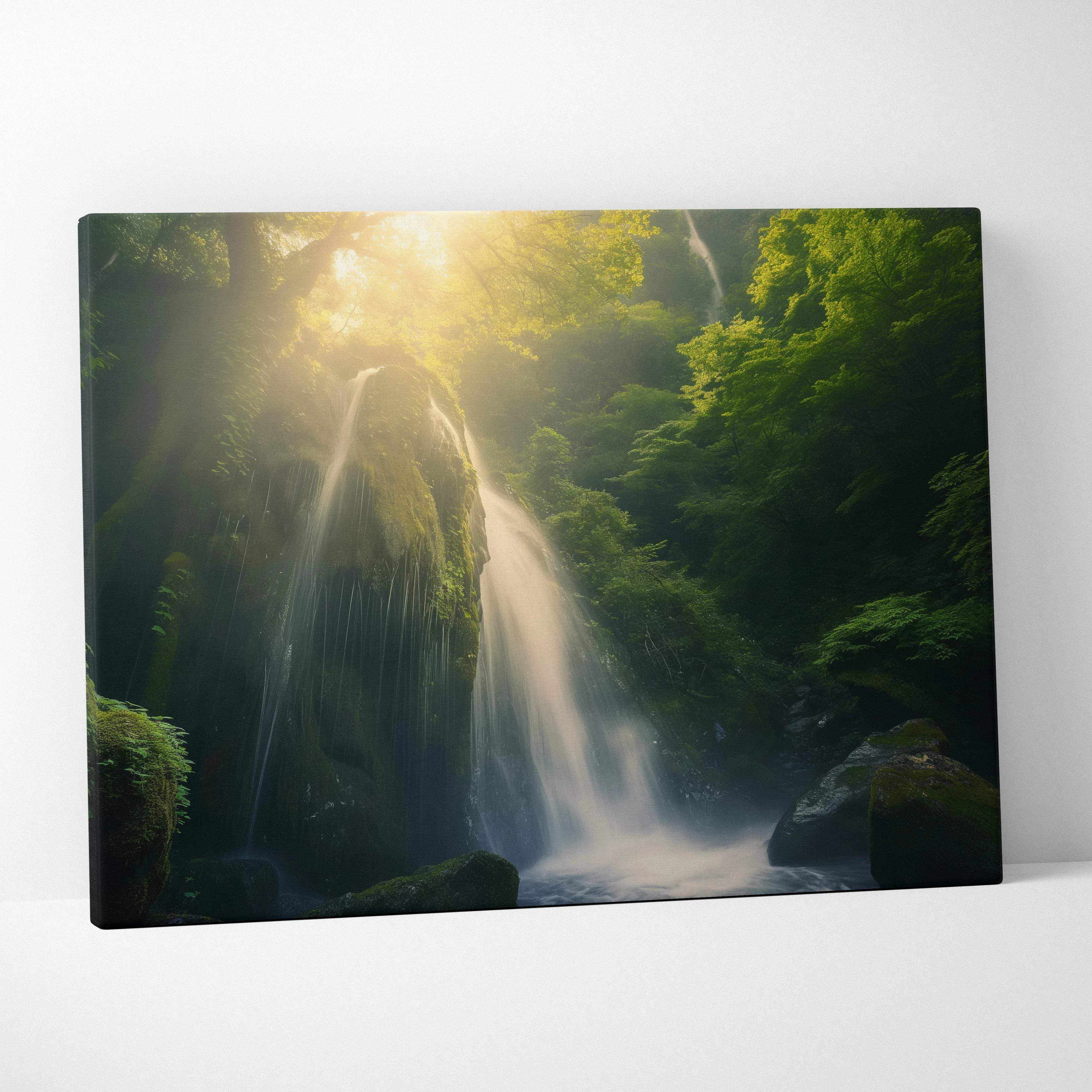 Rectangular canvas wall art featuring a sunlit green waterfall scene with golden sunlight in a lush forest landscape