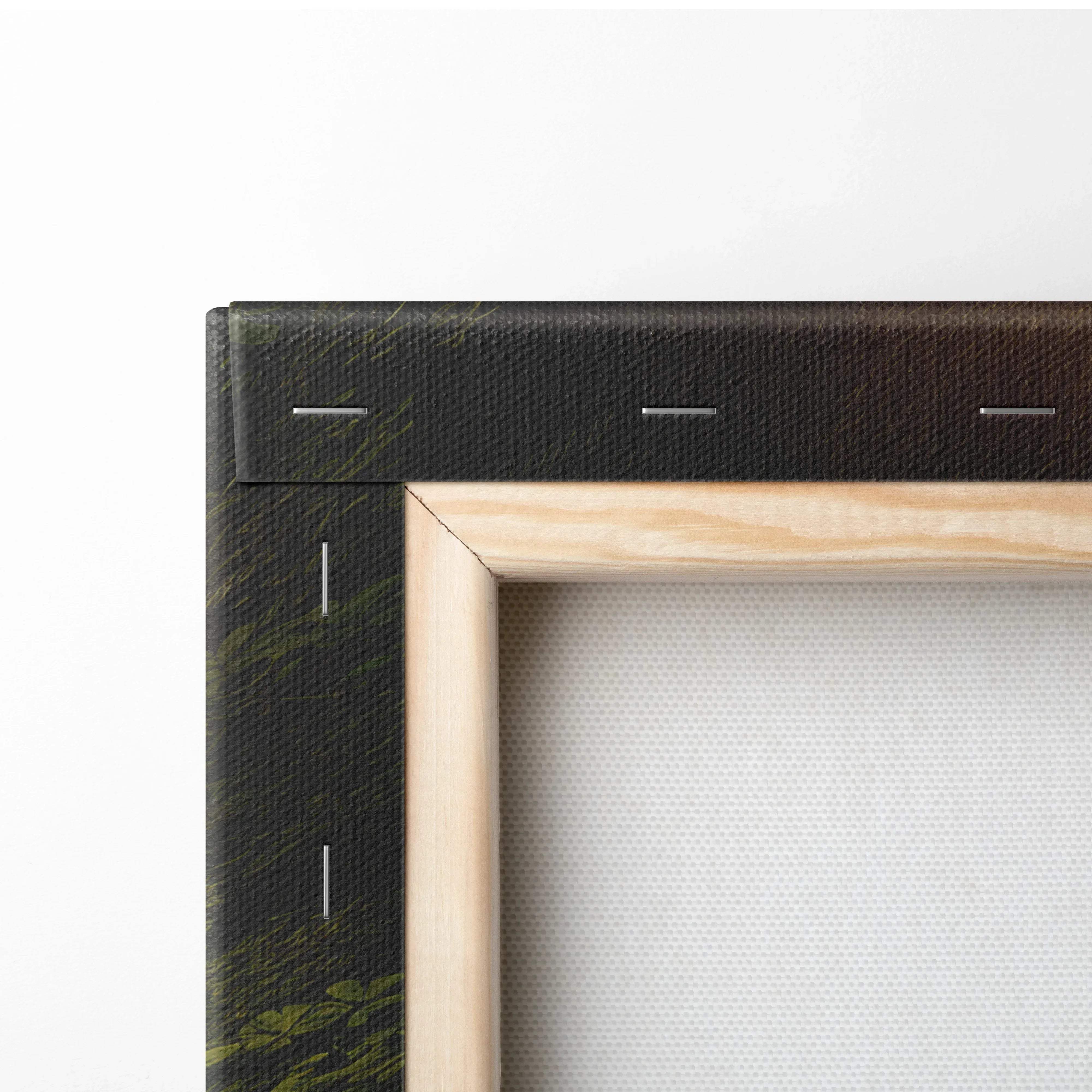 Light-colored wooden frame canvas wall art with dark textured border and green foliage for living room decor