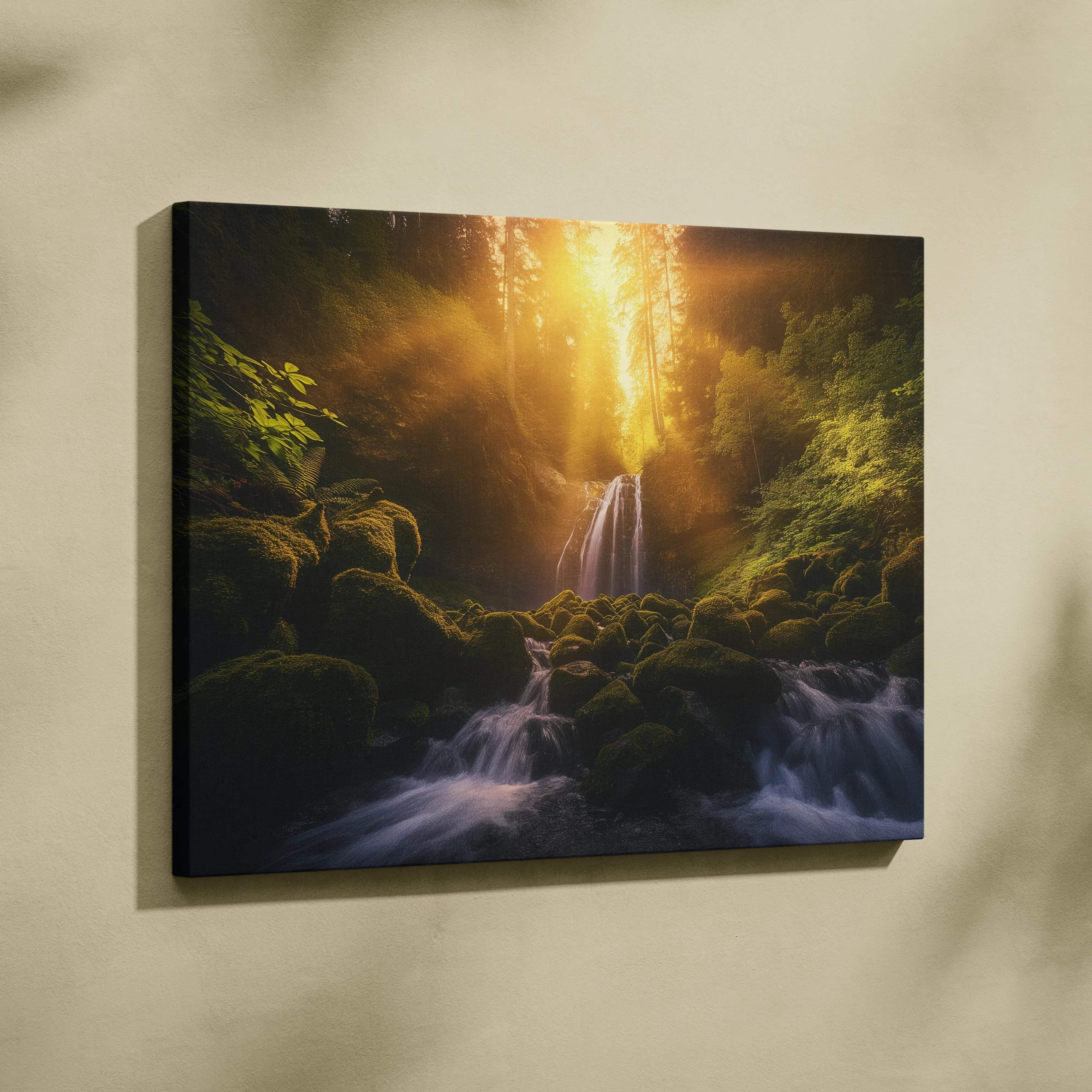 A framed canvas print of a majestic forest waterfall with golden hour glow for living room decor
