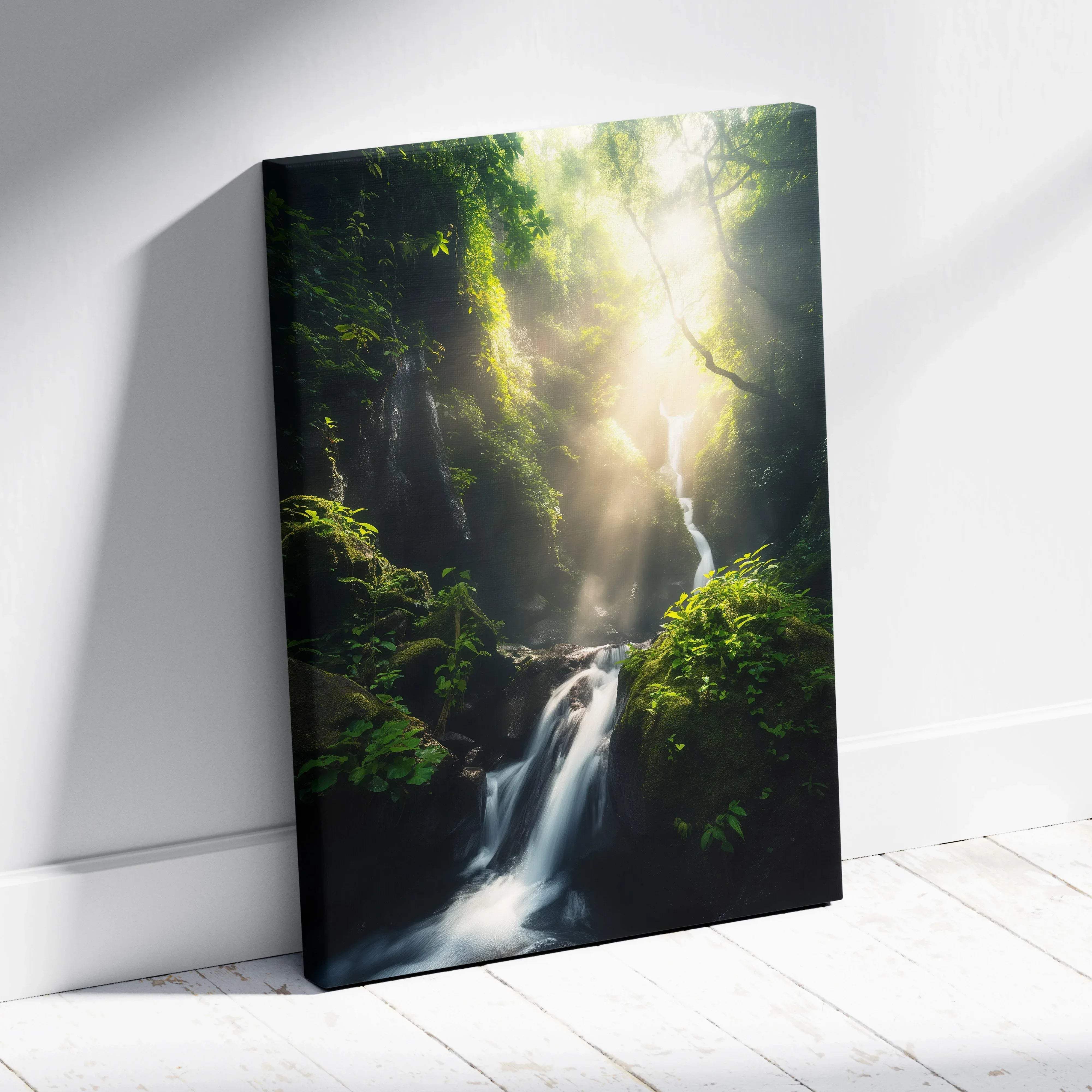 Tranquil forest waterfall canvas wall art featuring a vibrant green jungle waterfall with amber sunlight glow