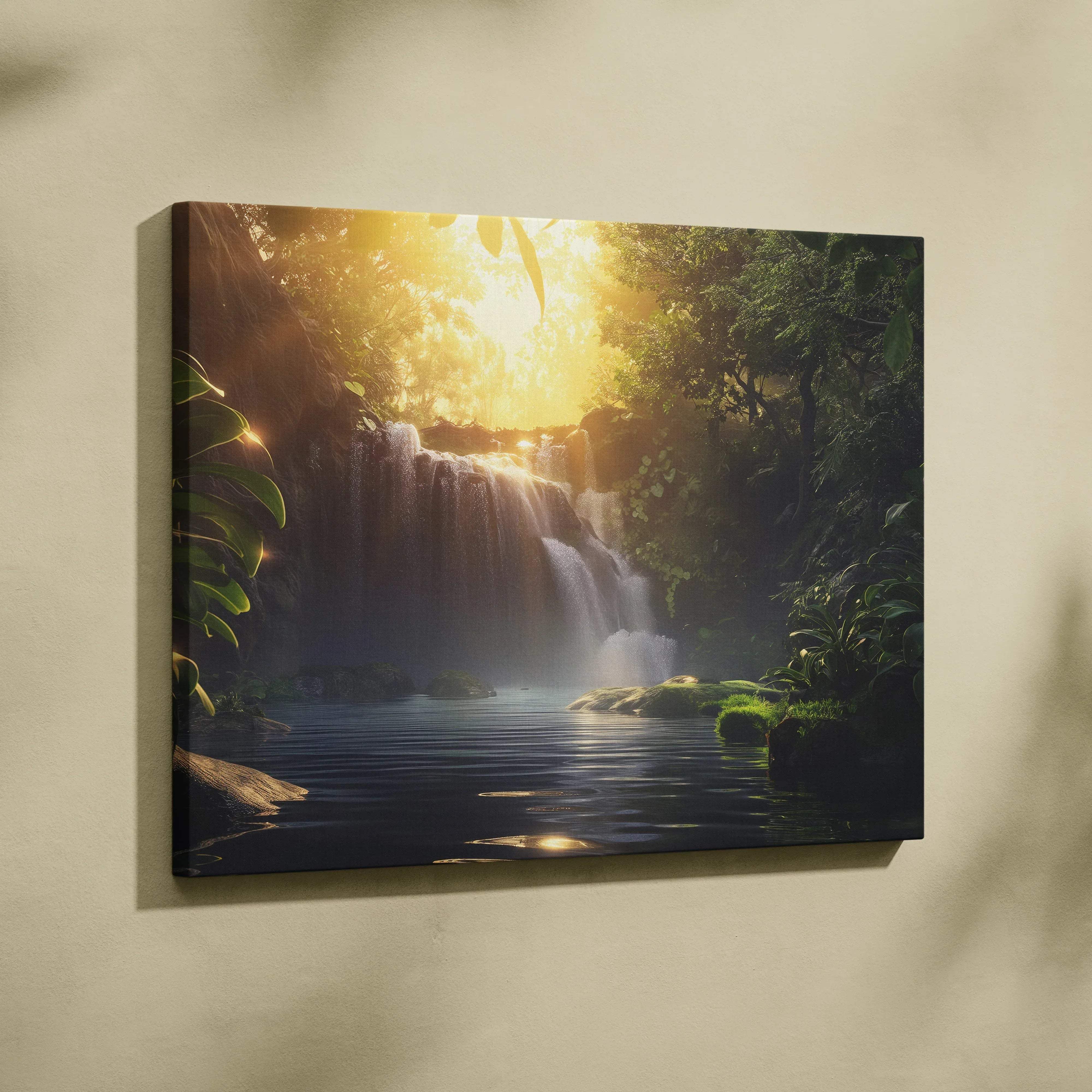 Rectangular canvas wall art featuring a lush jungle waterfall with golden sunlight filtering through trees