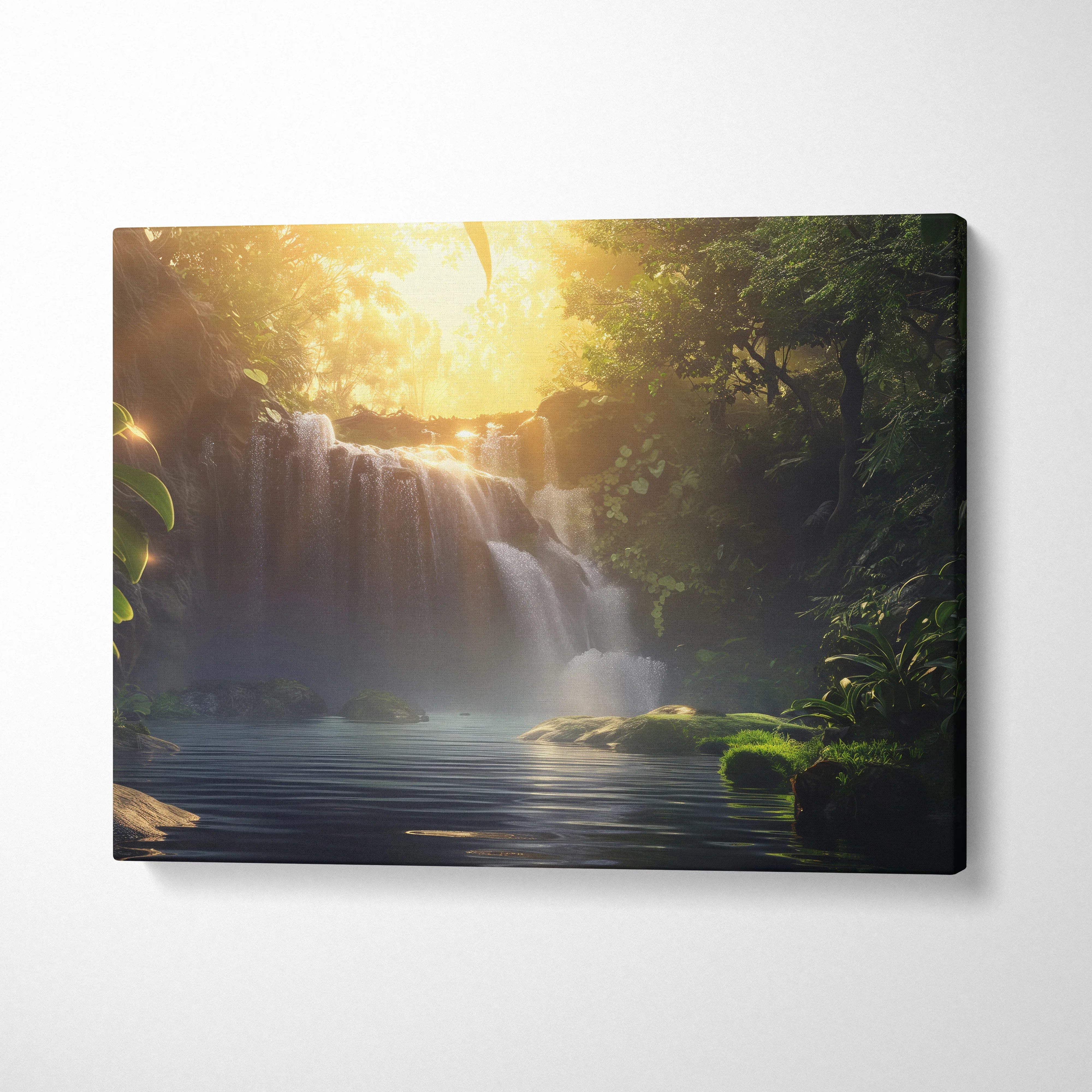 Waterfall at sunset in forest scenery canvas wall art with golden light and lush greenery decor.