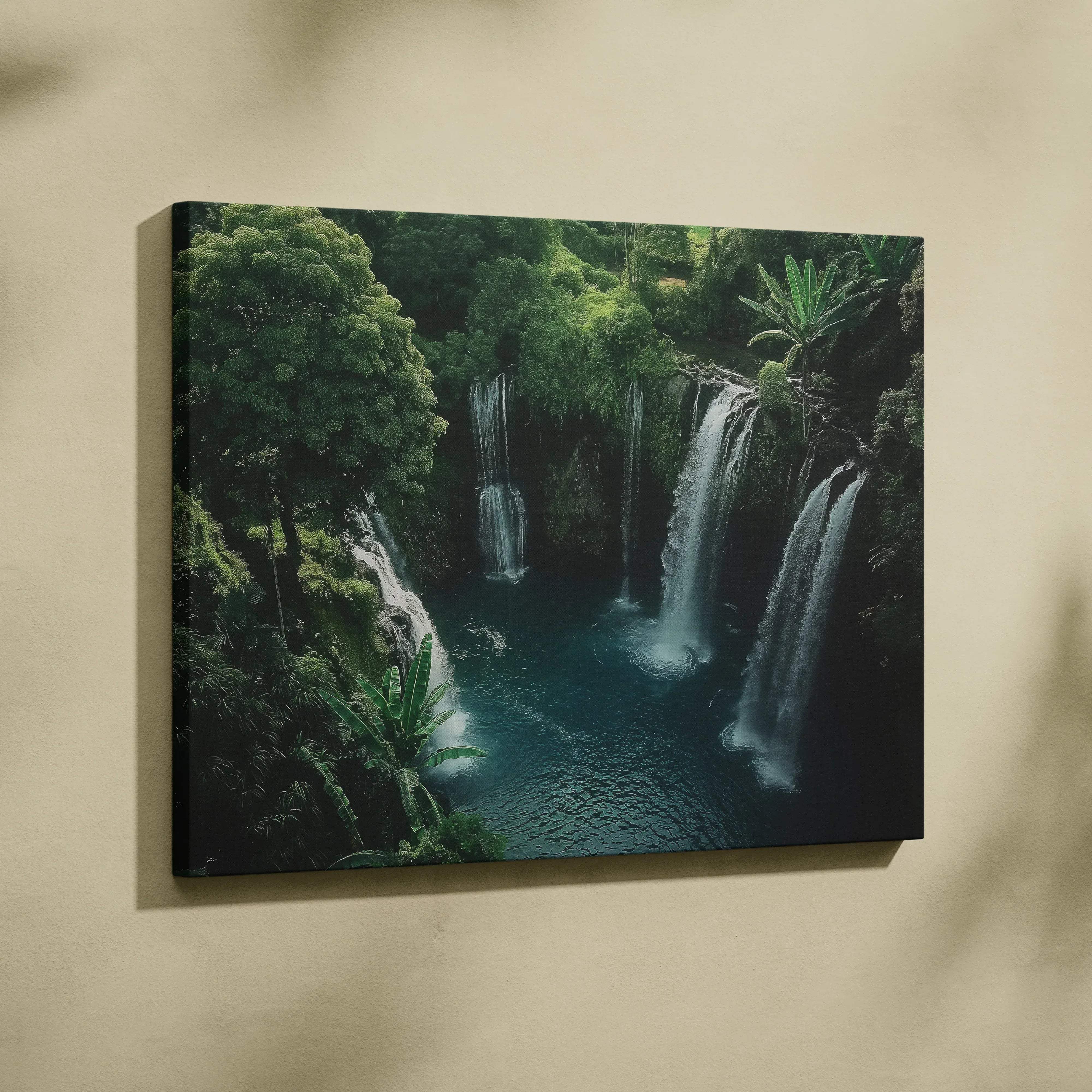 Museum quality rectangular canvas print of lush green jungle with cascading waterfalls and turquoise pools wall art