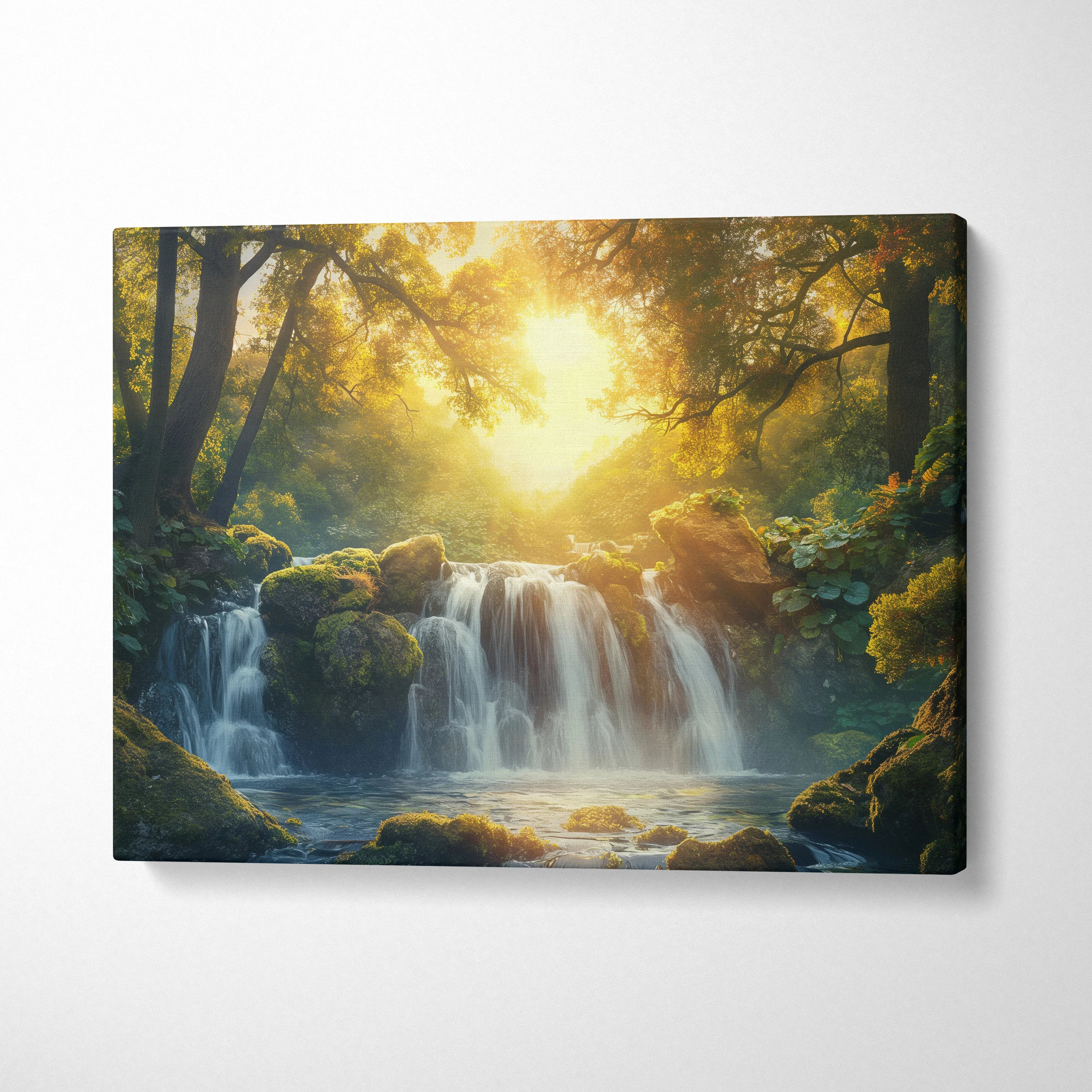 Waterfall forest sunset canvas wall art with warm golden light and lush greenery decor.