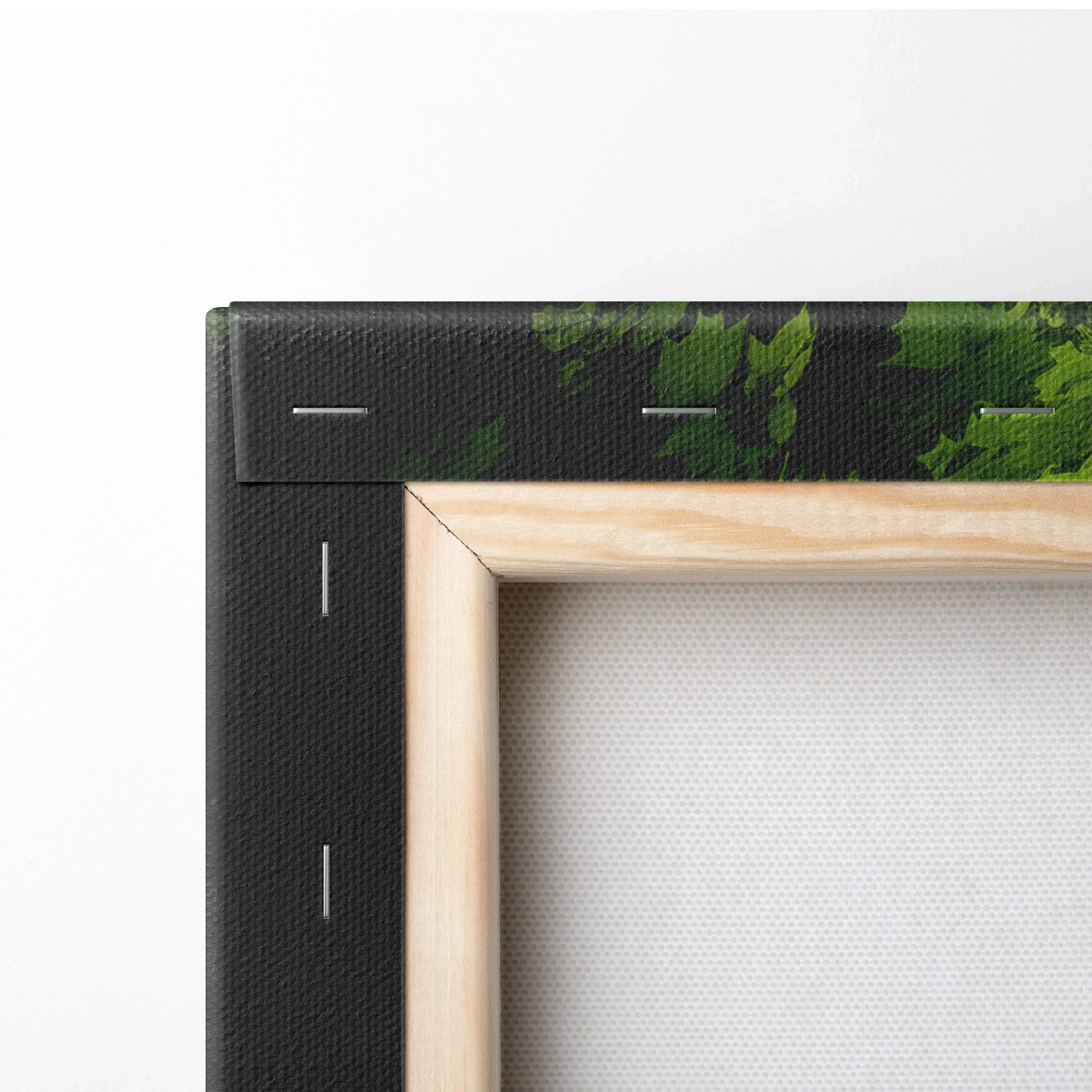 Black canvas print with green leafy design framed in light wood for forest waterfall canvas wall art decor