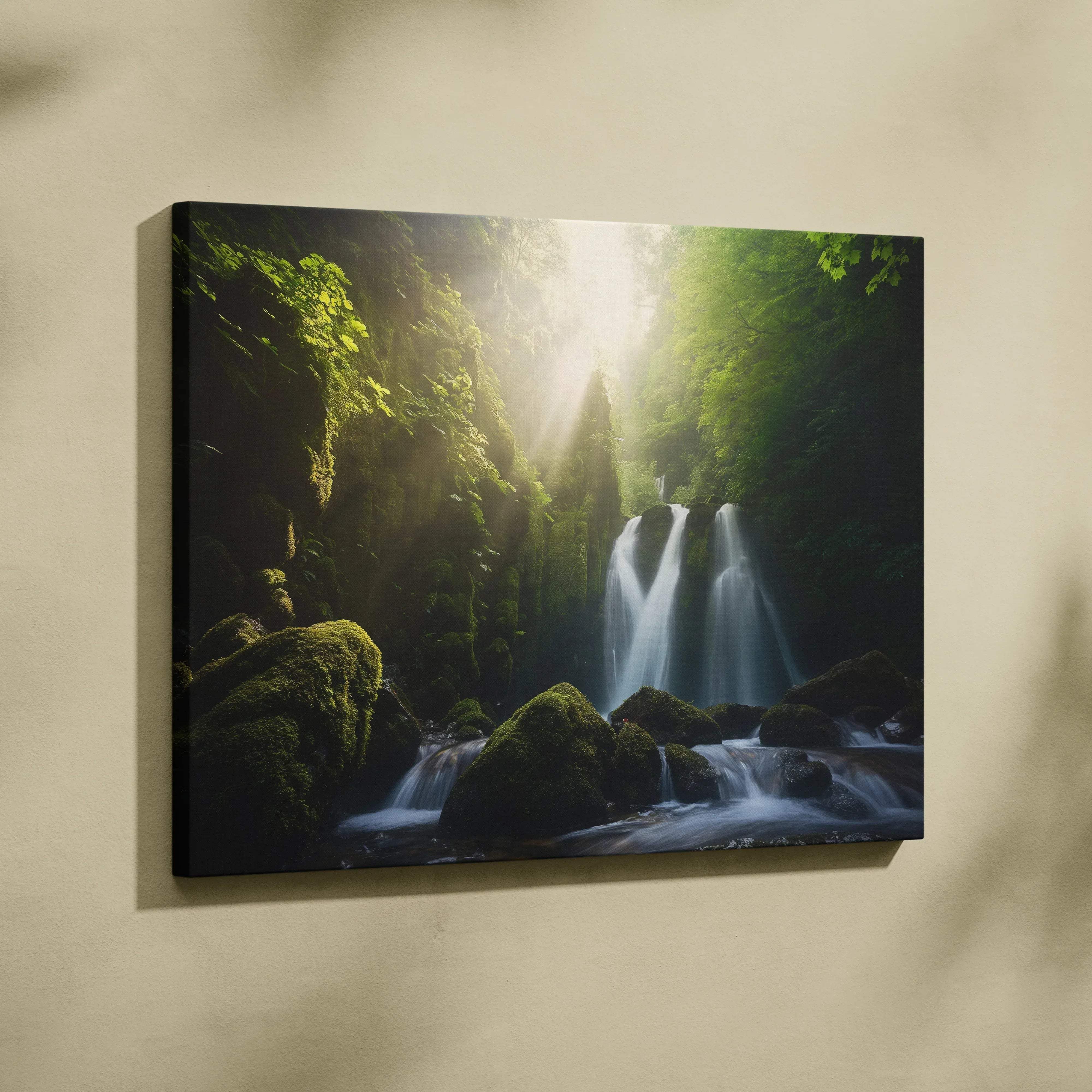 A framed canvas print of a green forest waterfall with moss covered rocks and sunlight streaming through trees