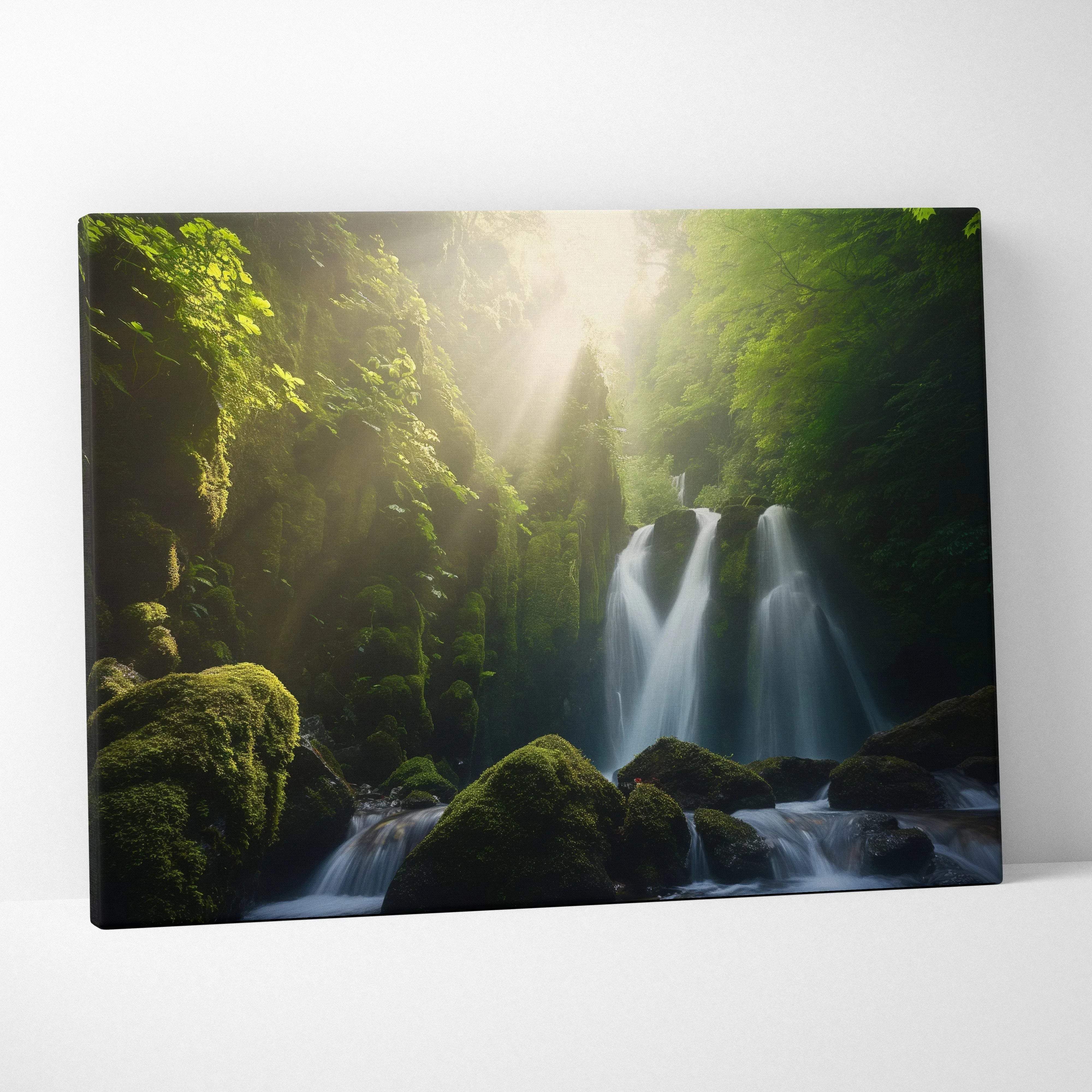 Rectangular canvas wall art featuring a lush green waterfall with sunbeams and moss covered rocks in a serene forest setting