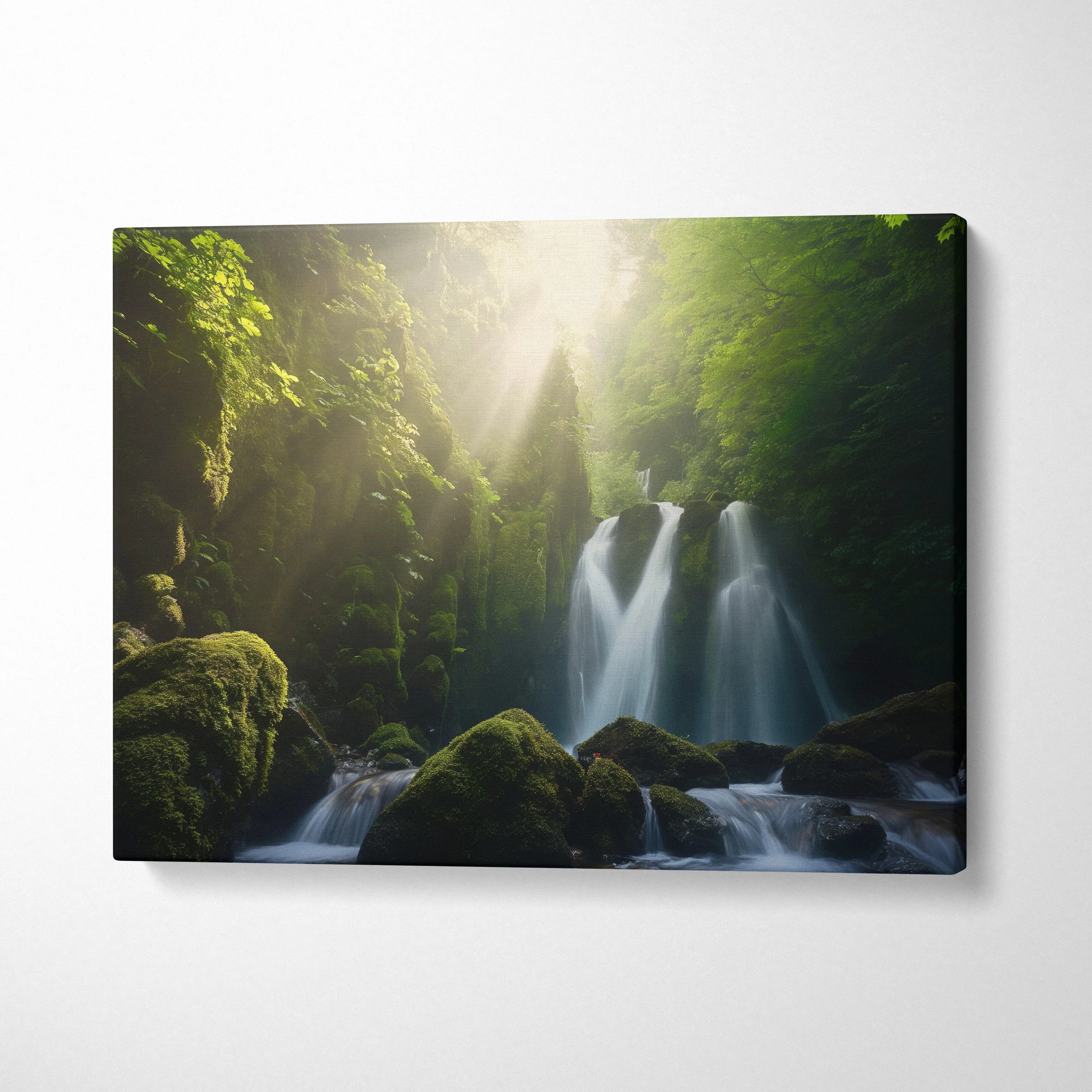 Forest waterfall canvas wall art with moss-covered rocks and lush green forest decor.