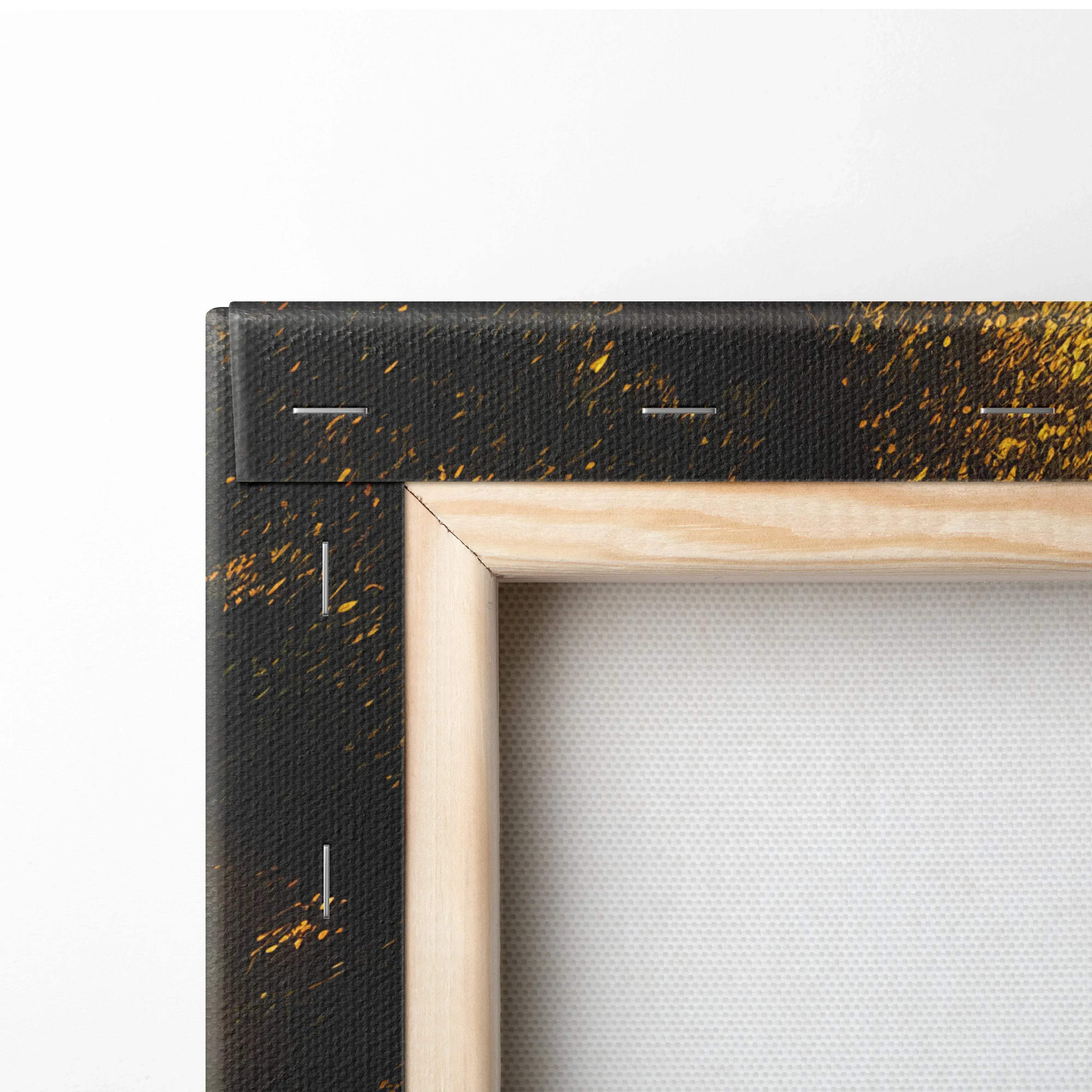 Forest waterfall canvas art featuring black canvas with gold splatter design framed in light wood for serene decor