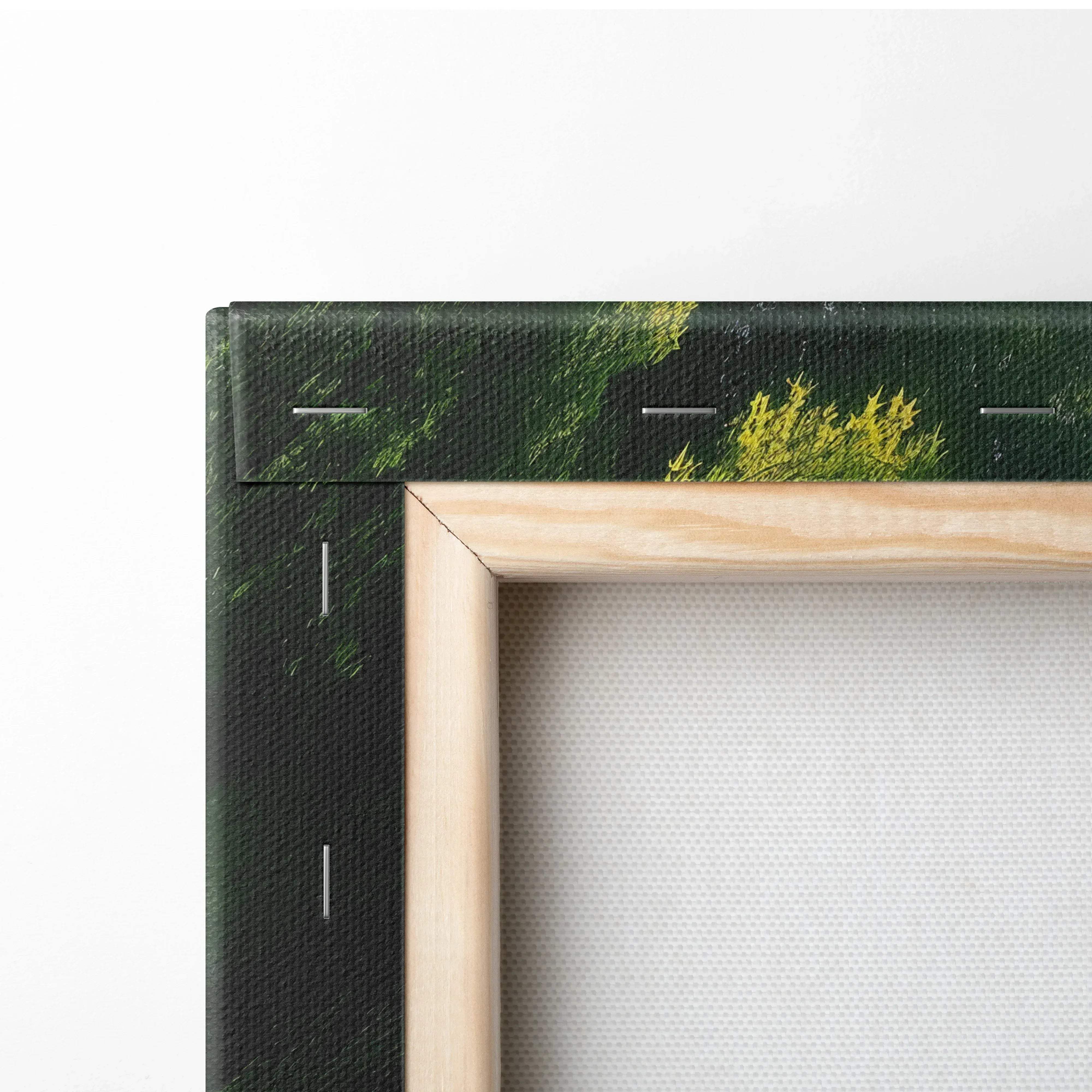 Light-colored wooden frame holding a canvas print with dark green and yellow brushstroke artwork for tranquil nature wall art