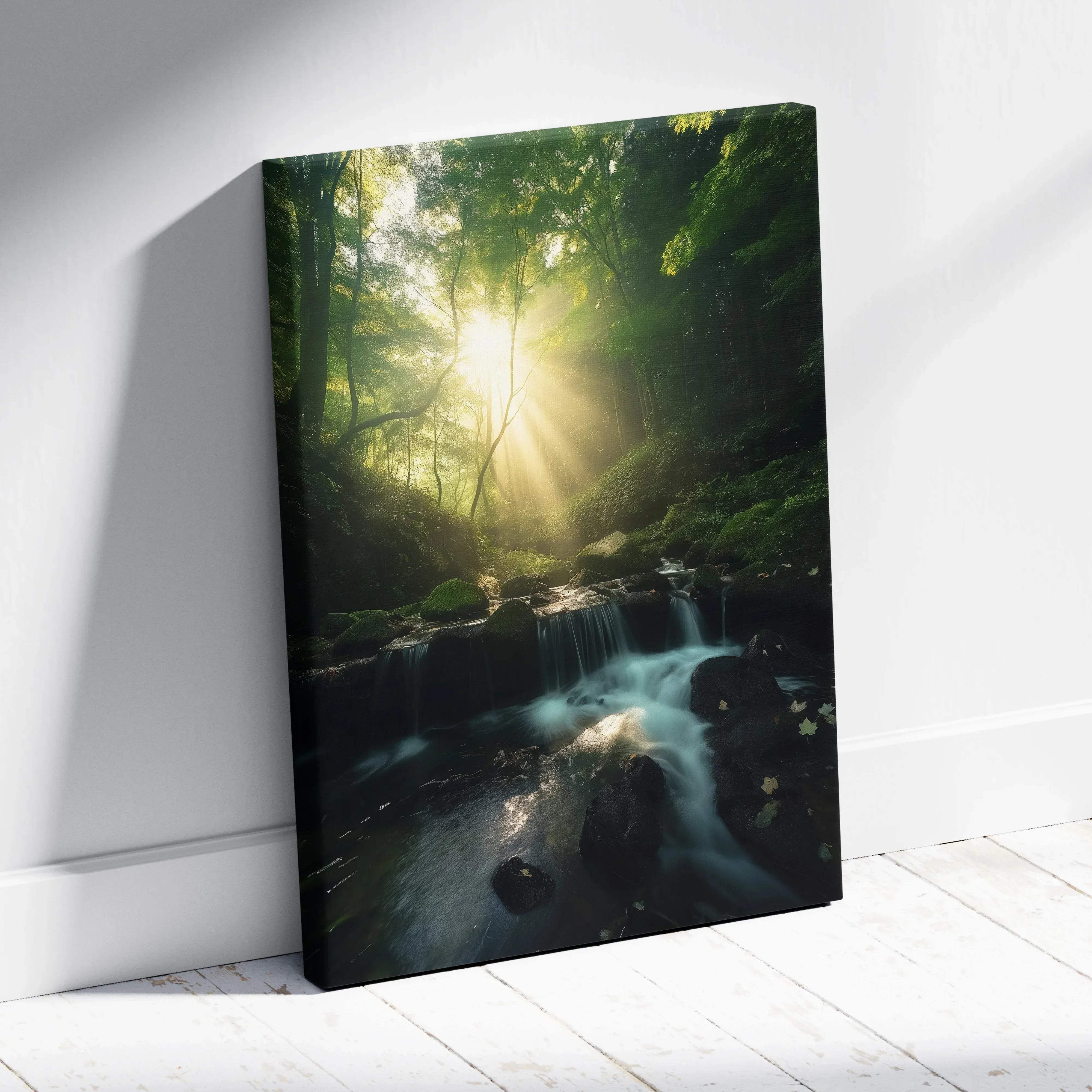 Forest stream canvas print with sunbeams filtering through green trees and a cascading waterfall for serene decor