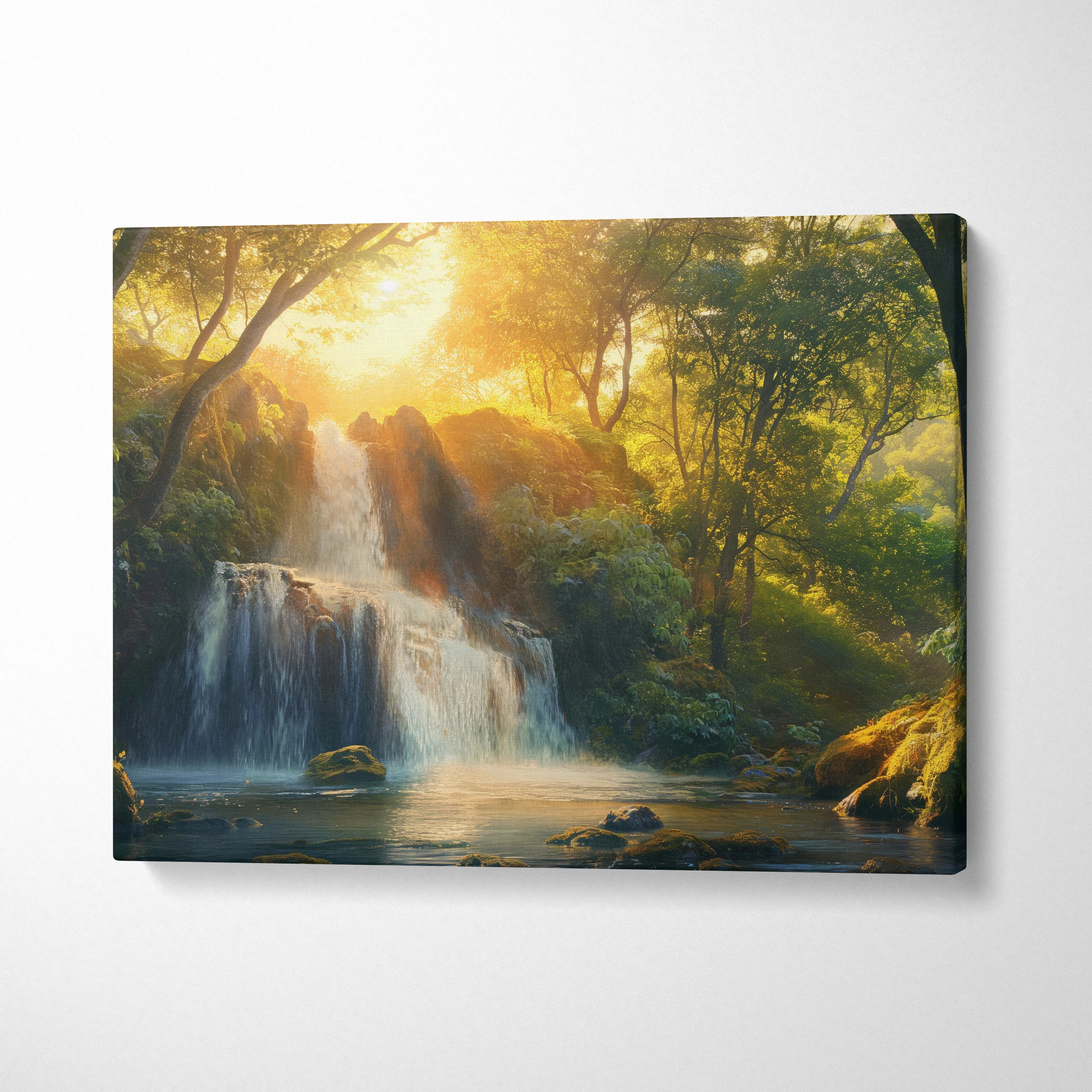 Waterfall and forest sunset glow nature scene on canvas wall art with warm light and lush greenery decor.